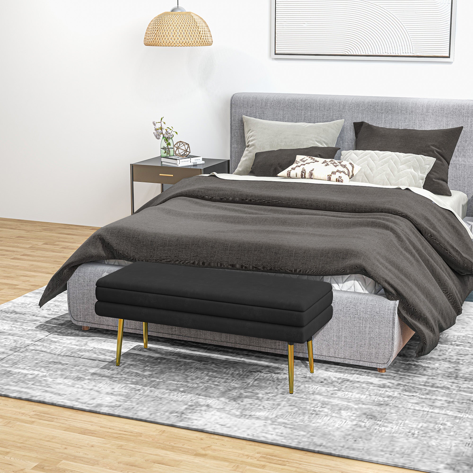 Storage Bench, Cushioned Bench with Storage, Velvet Look, Bed Bench with Steel Legs, Shoe Bench, Storage Bench for Living Room, Bedroom, Black, 100 x 37.5 x 42 cm