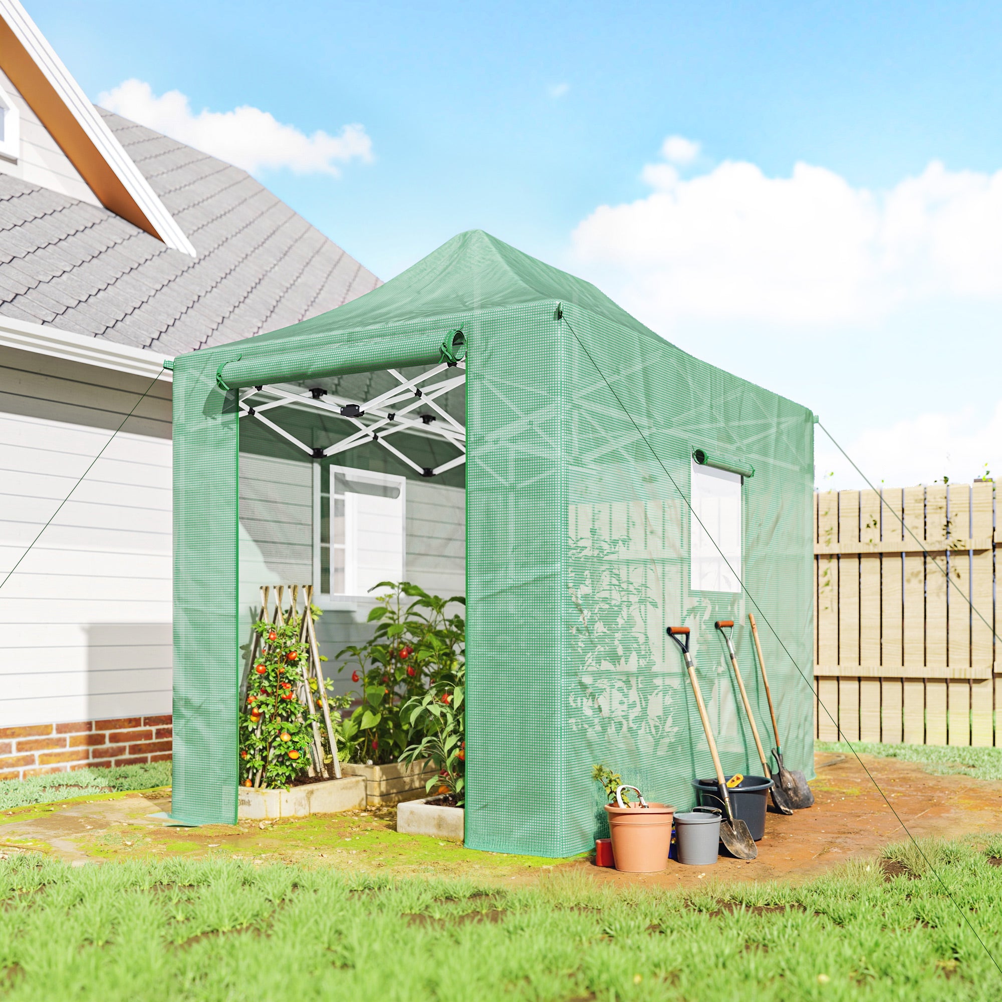 Foldable Pop-Up Greenhouse, 295×200×270 cm (PE Polytunnel) with Gable Roof, Roll-Up Zip Doors & Mesh Windows, Sturdy Metal Frame — Green