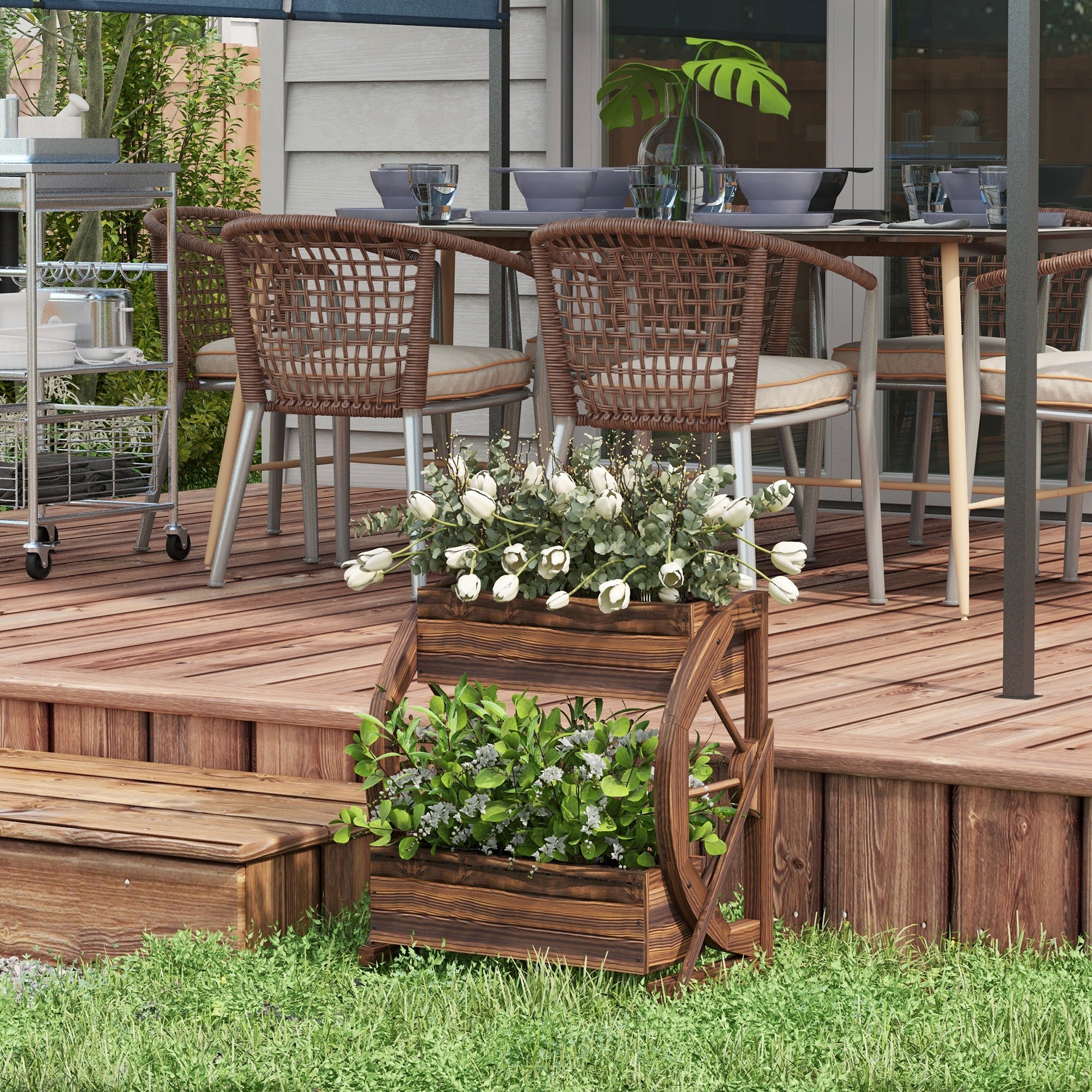 2-Tier Outdoor Wooden Planter, Raised Garden Bed with 2 Pots and Cart Wheels Country Style, 55x32x56cm