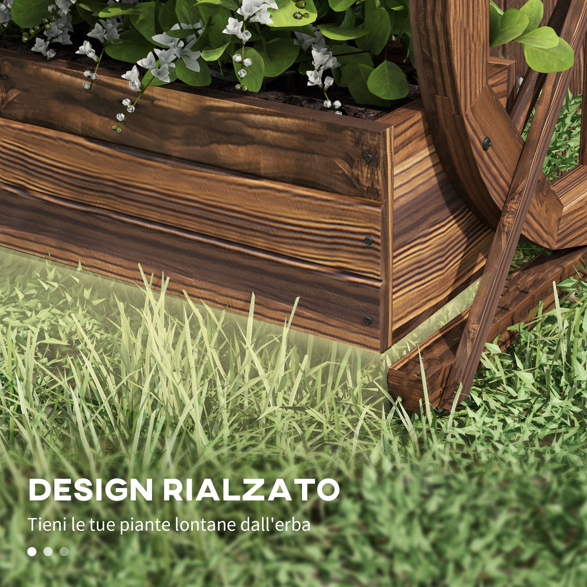 2-Tier Outdoor Wooden Planter, Raised Garden Bed with 2 Pots and Cart Wheels Country Style, 55x32x56cm