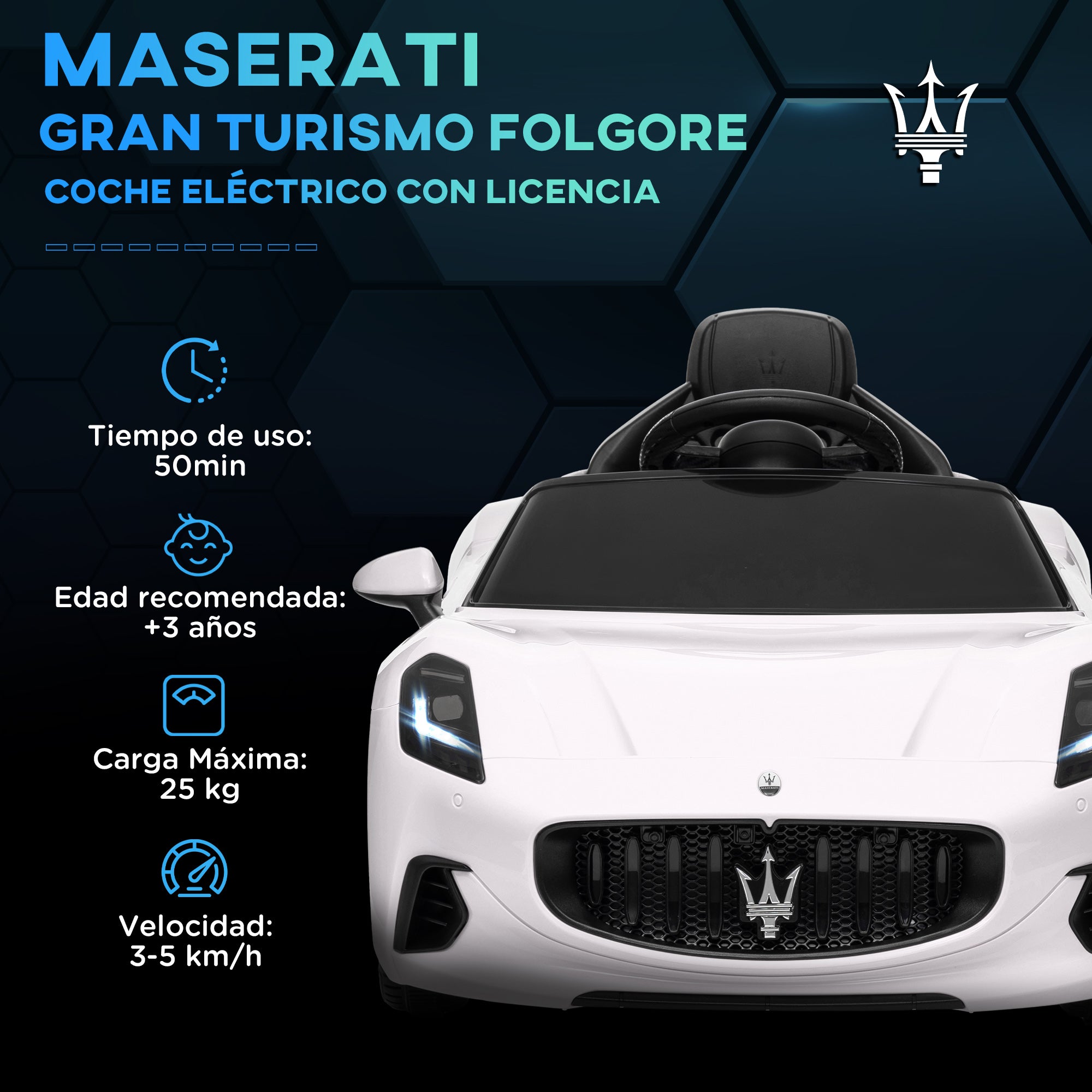 Electric Car for Kids 3+ Years Maserati Gran Turismo Folgore 2 Powerful Motors Electric Car with 12V Battery Speed 3-5 km/h Remote Control 2.4G Headlights Horn and MP3 White