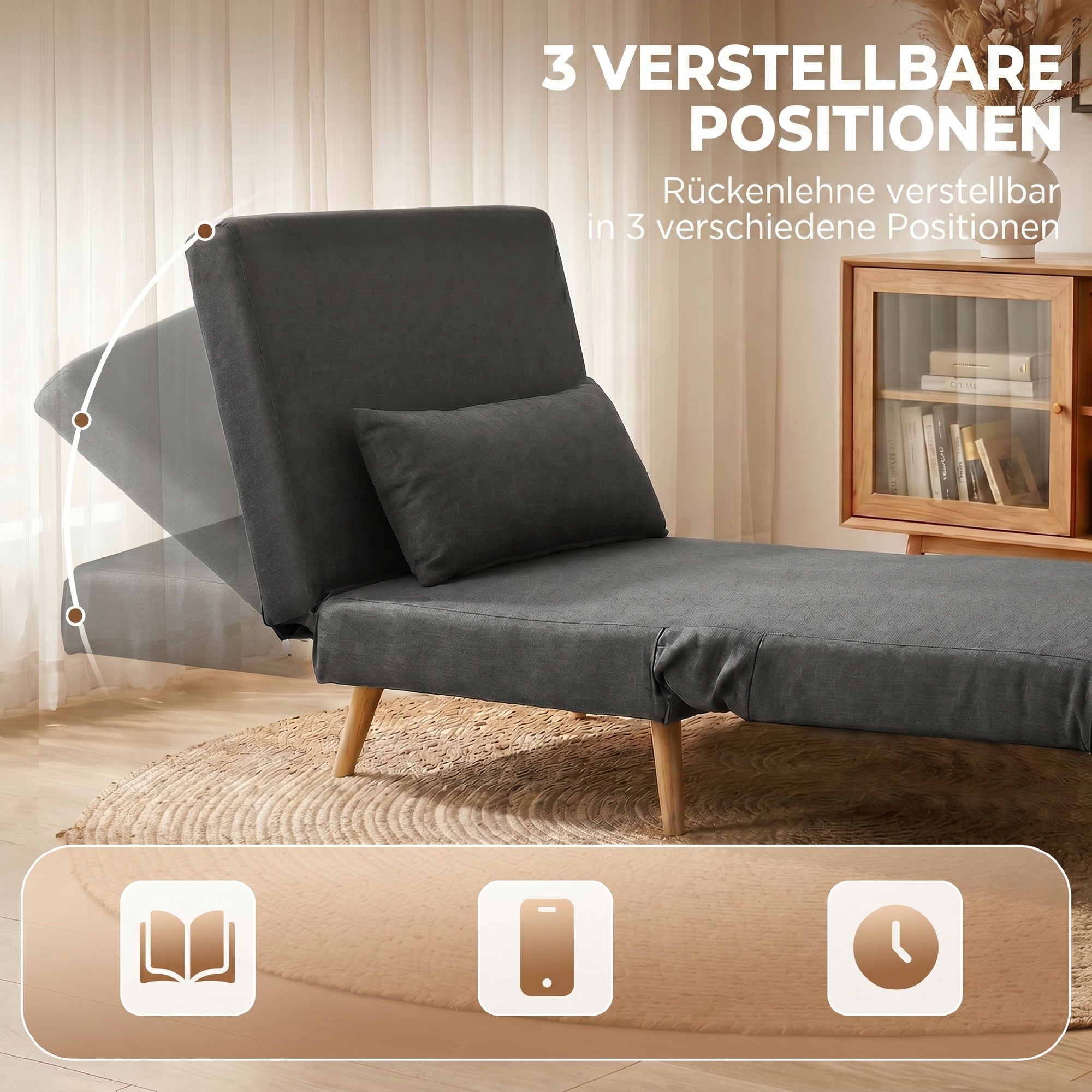 3-in-1 Sleeper Chair with Fold-Out Bed, Converts to 190 x 63 cm Single Bed, Adjustable Recline, Metal Legs, Lumbar Pillow, Linen-Look Grey