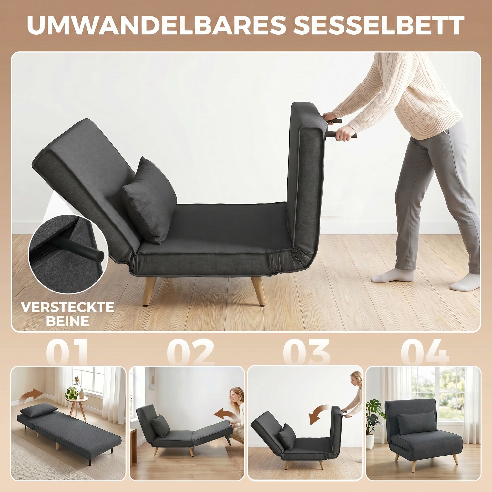 3-in-1 Sleeper Chair with Fold-Out Bed, Converts to 190 x 63 cm Single Bed, Adjustable Recline, Metal Legs, Lumbar Pillow, Linen-Look Grey