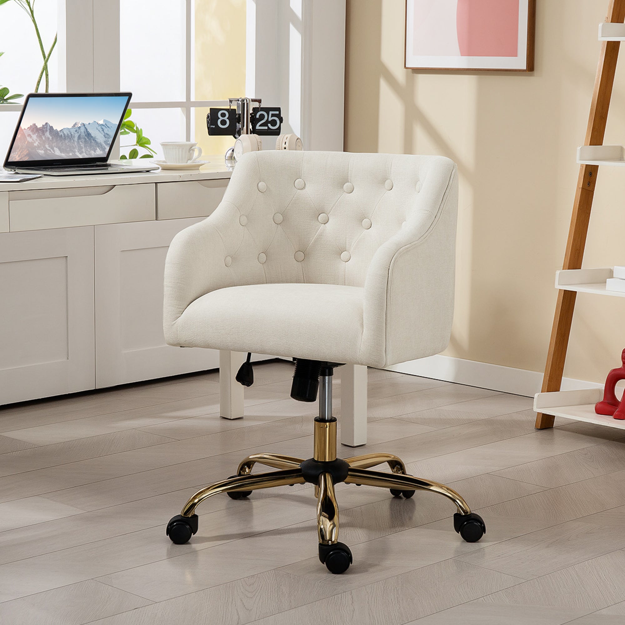 Home Office Chair, Desk Chair Swivel Chair Height Adjustable Office Chair with Rocking Function, Linen Look, Makeup Chair for Bedroom, Study, Beige