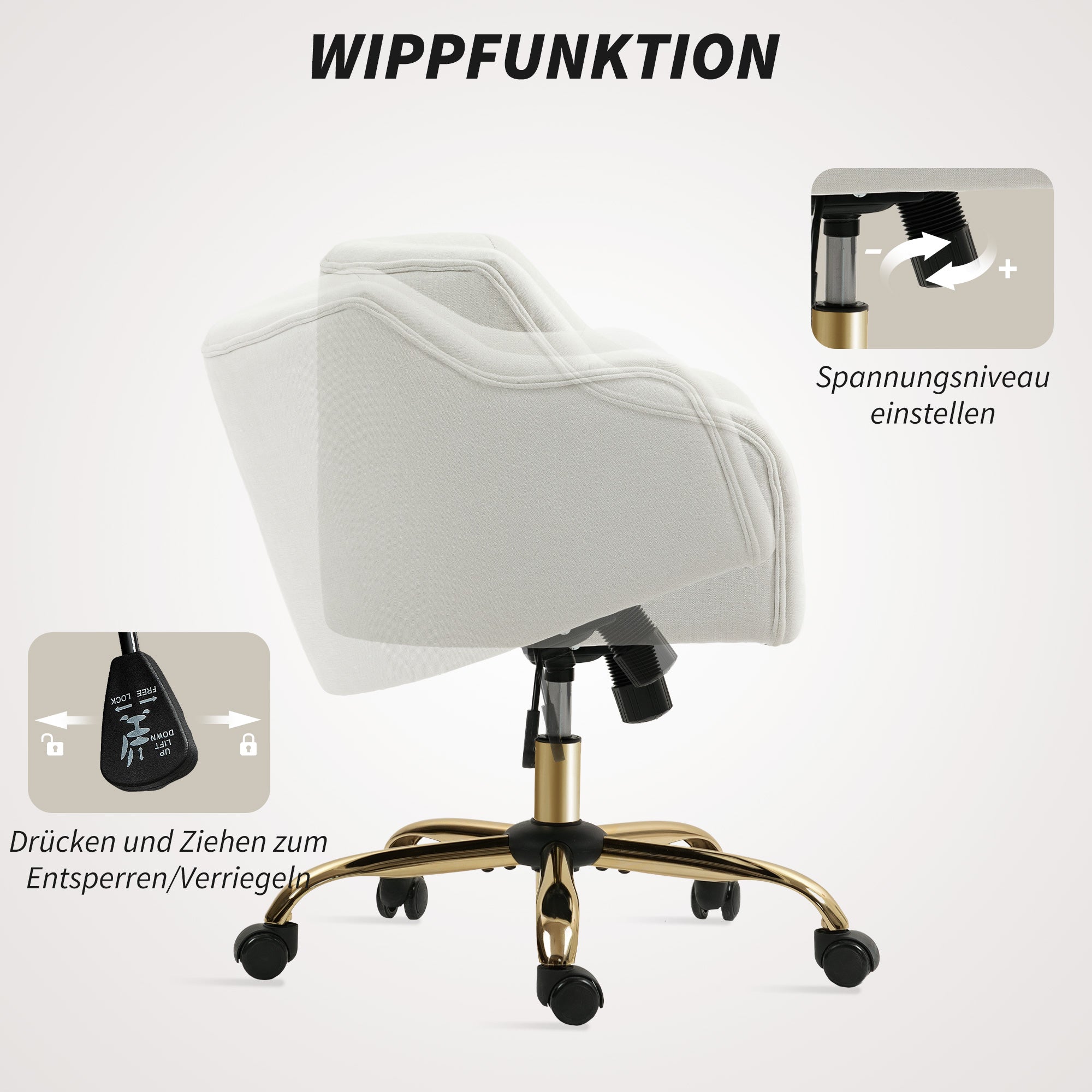 Home Office Chair, Desk Chair Swivel Chair Height Adjustable Office Chair with Rocking Function, Linen Look, Makeup Chair for Bedroom, Study, Beige
