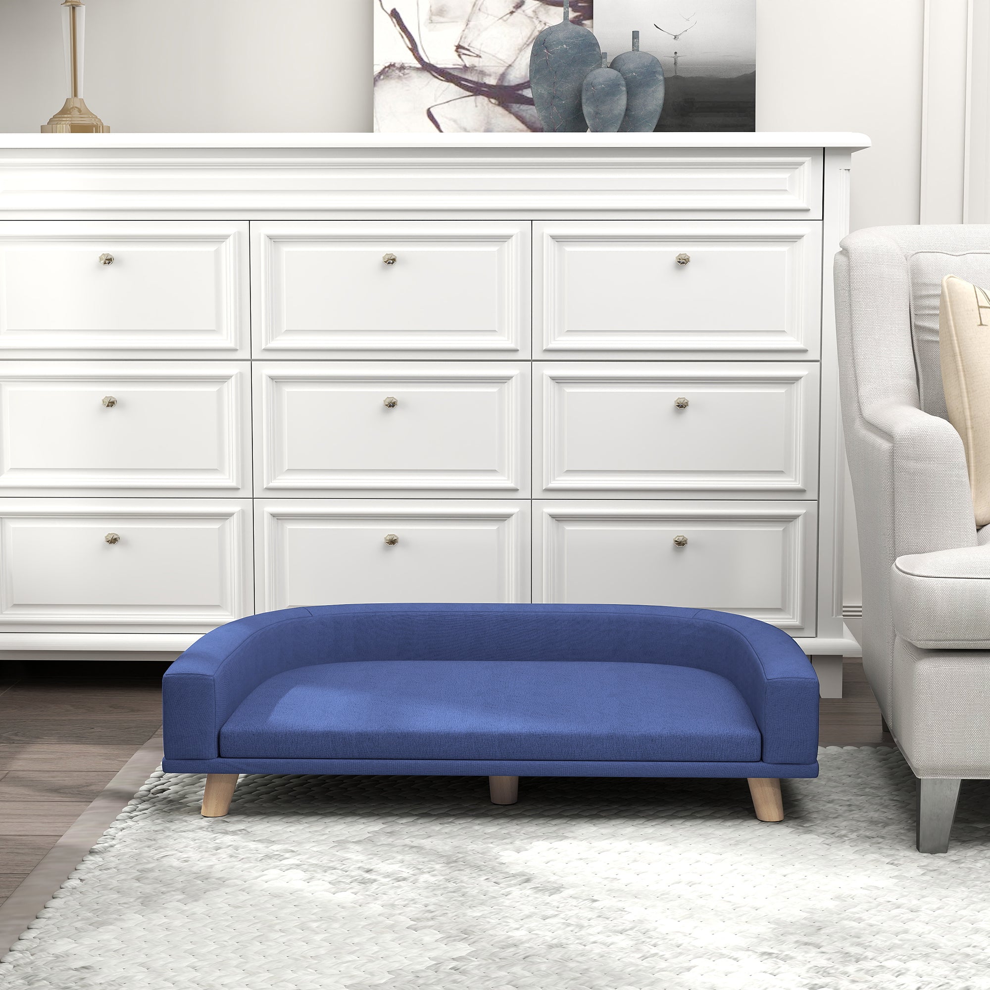 Dog Sofa Bed with Removable & Washable Cushion Cover, Scandinavian Polyester Fabric with Wooden Legs, 98 x 67 x 25 cm (38.6 x 26.4 x 9.8 in) - Blue