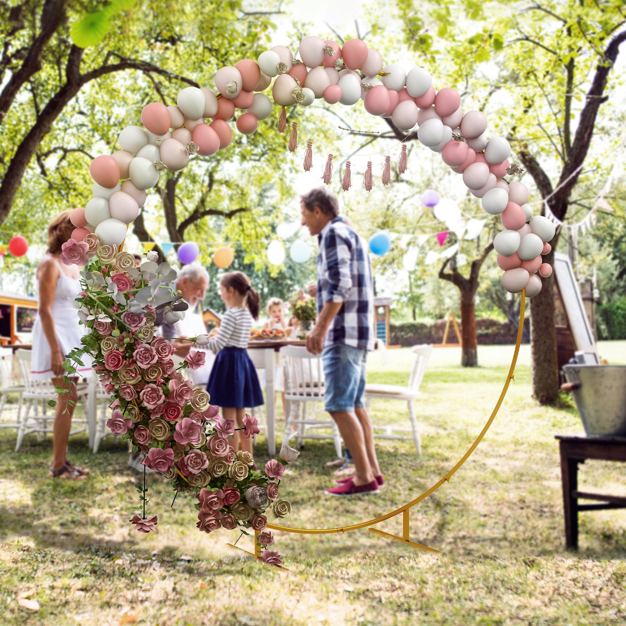 Ornamental Round Balloon Arch Kit Garden Arch Rose Arch Climbing Plant Arch for Wedding, Birthday, Ceremony, and Banquet in Golden Steel 2.24m