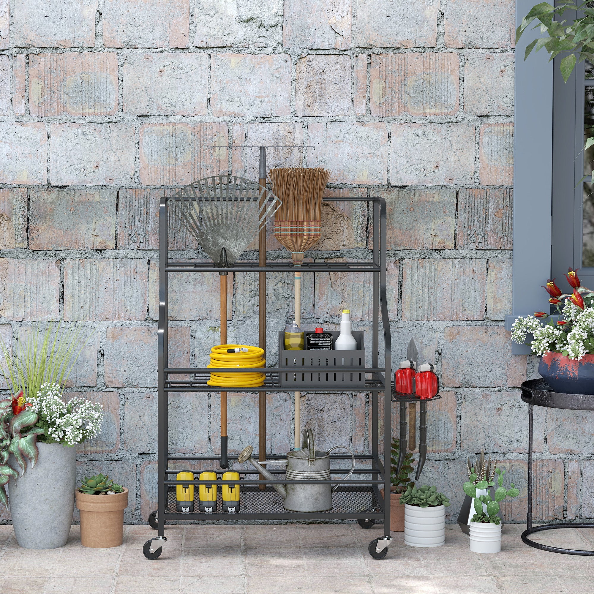 Garden Tool Organizer, 54-Slot Garden Tool Storage with 5 Hooks, Steel Garage Tool Rack on Wheels, 3 Levels for Tools, Rakes, Black