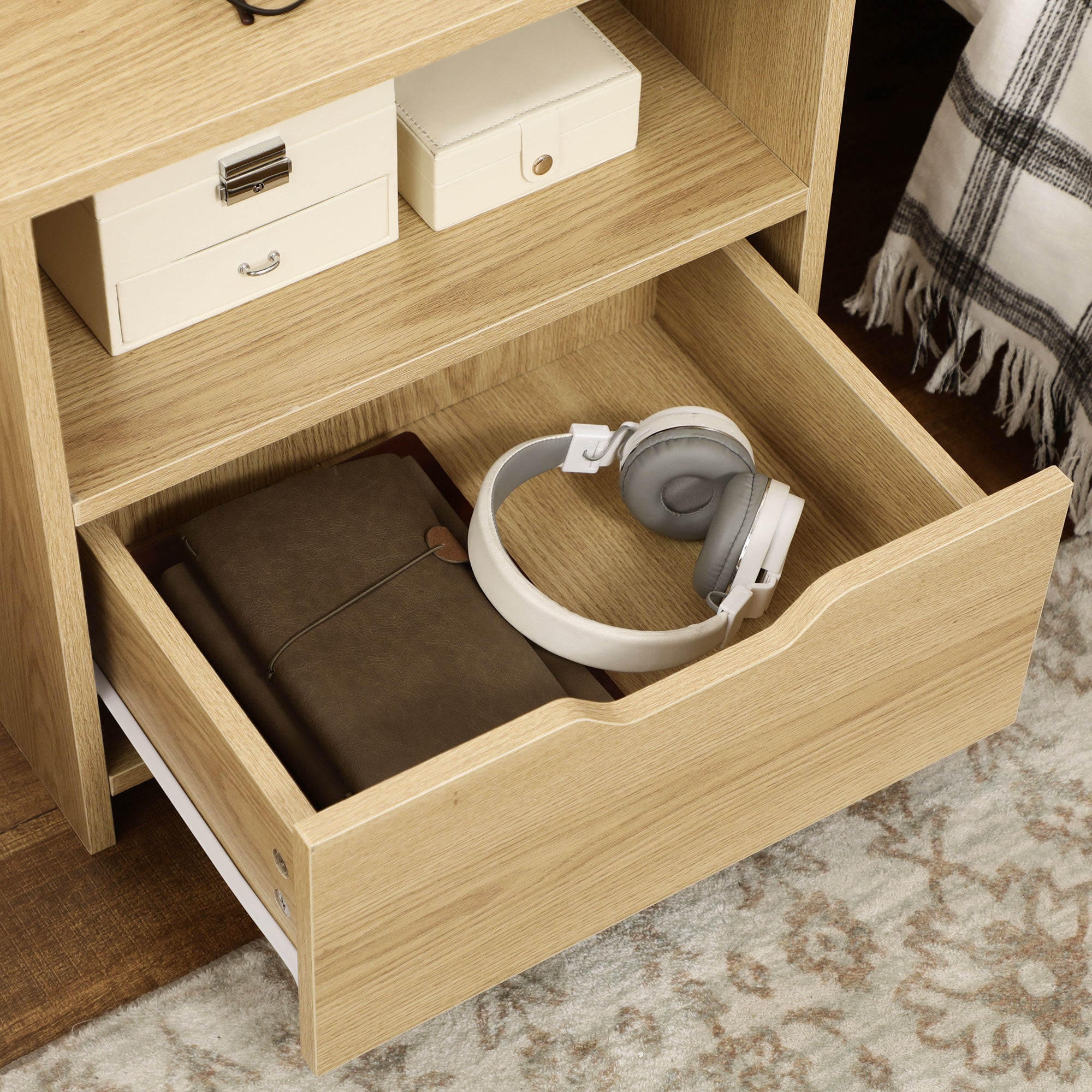 Modern Wooden Bedside Table Nightstand with Drawer and Storage Shelves Side Table for Living Room Bedroom 45x35x73 cm Natural