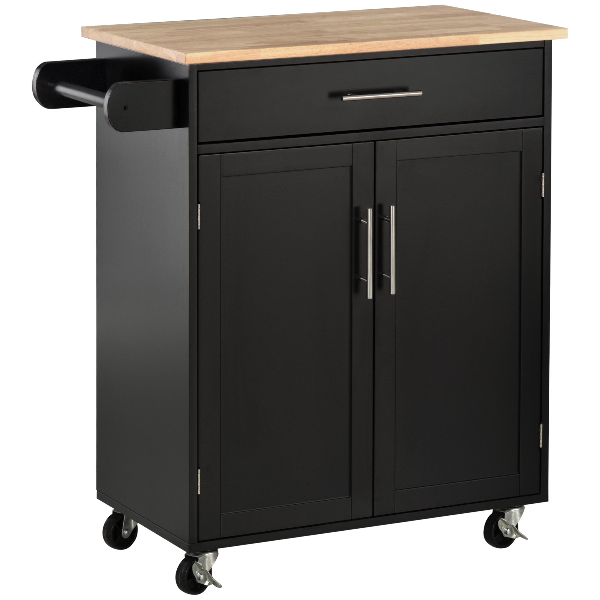 Kitchen Cart on Wheels Serving Cart Kitchen Island with Drawer, Cupboard, and Towel Holder - 83L x 45W x 91.5H cm Black