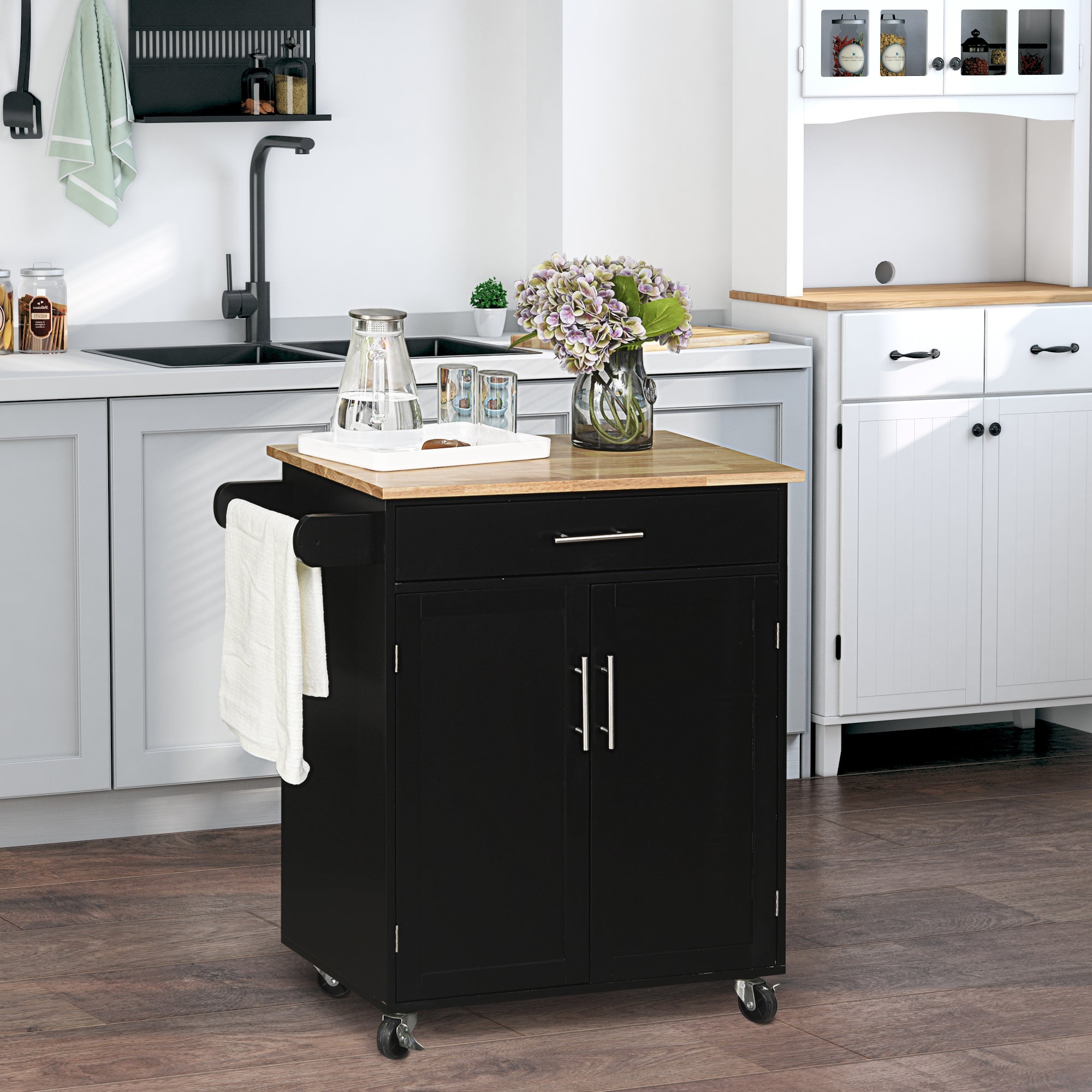 Kitchen Cart on Wheels Serving Cart Kitchen Island with Drawer, Cupboard, and Towel Holder - 83L x 45W x 91.5H cm Black