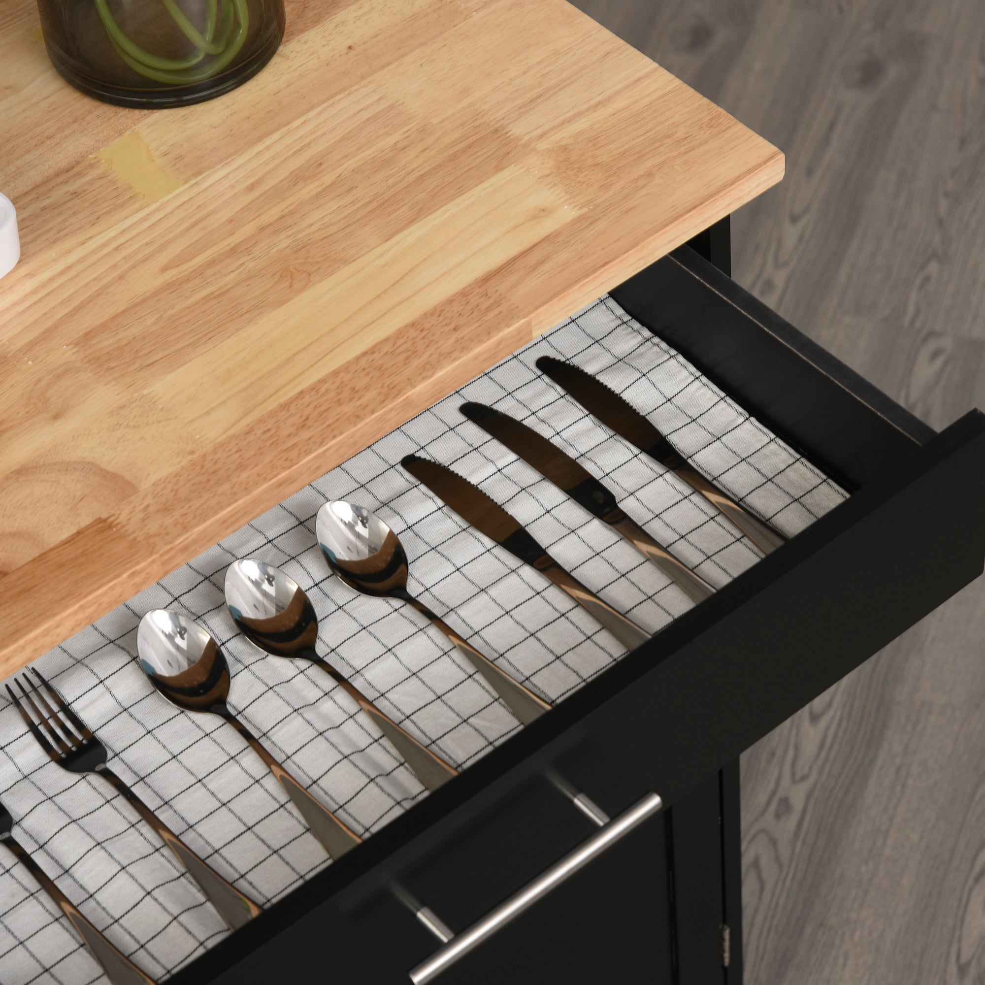 Kitchen Cart on Wheels Serving Cart Kitchen Island with Drawer, Cupboard, and Towel Holder - 83L x 45W x 91.5H cm Black