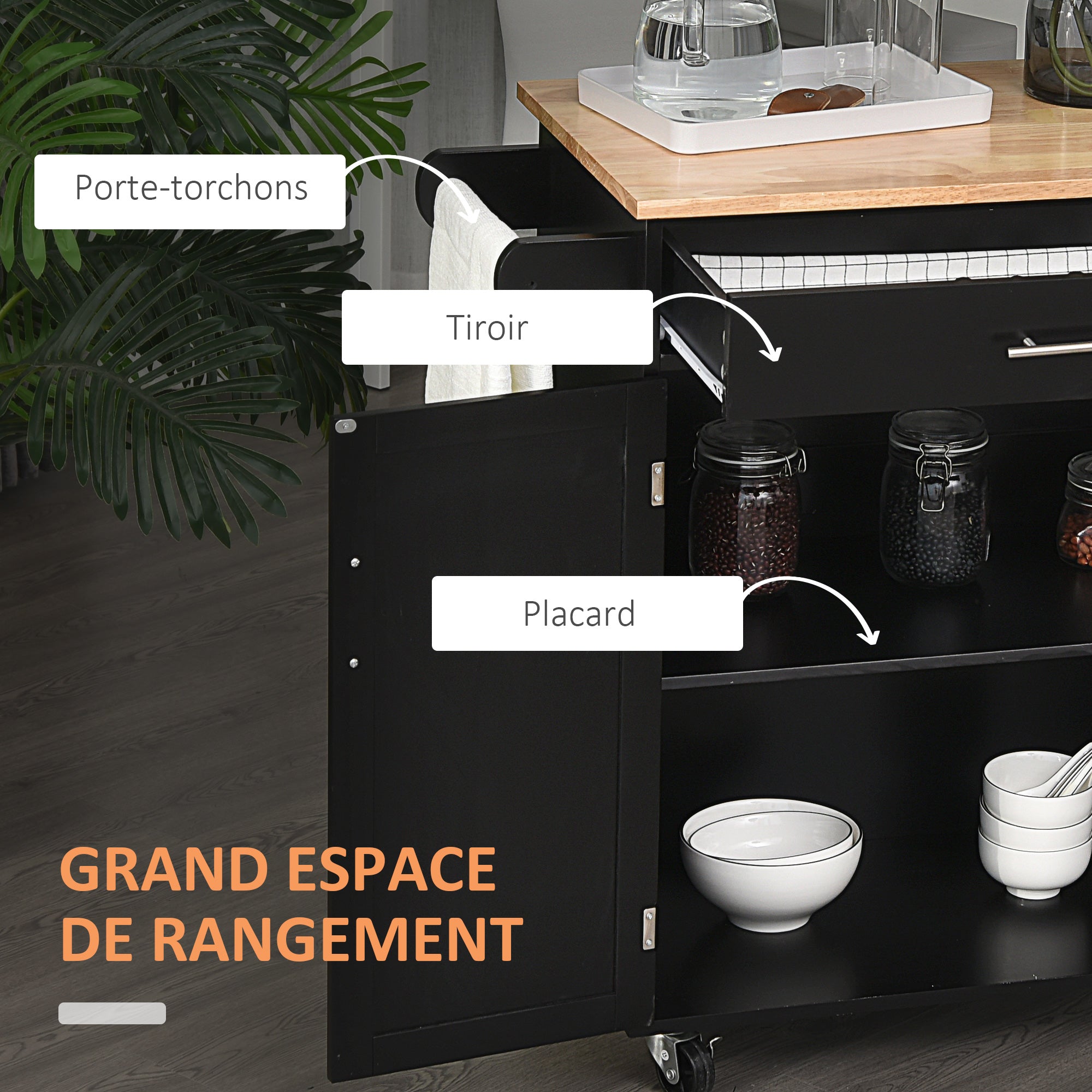 Kitchen Cart on Wheels Serving Cart Kitchen Island with Drawer, Cupboard, and Towel Holder - 83L x 45W x 91.5H cm Black