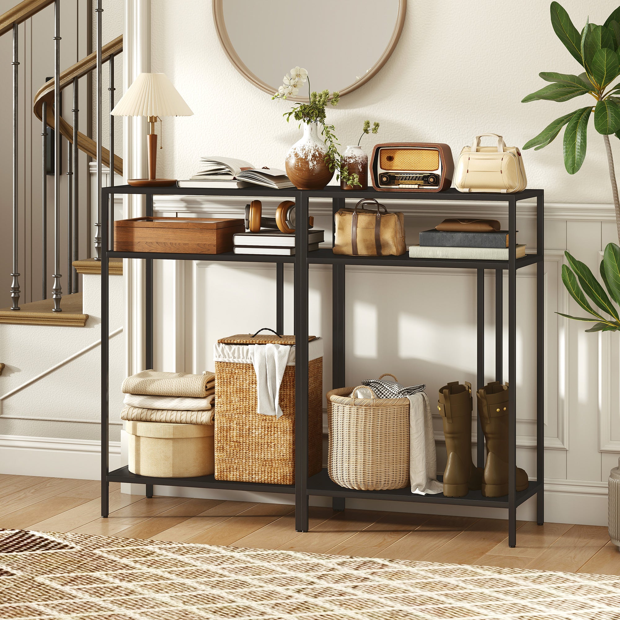 Narrow Console Table with 3 Tiers, Industrial Metal Side Table for Living Room & Hallway, 55 x 30 x 85 cm (21.7 x 11.8 x 33.5 in), Black