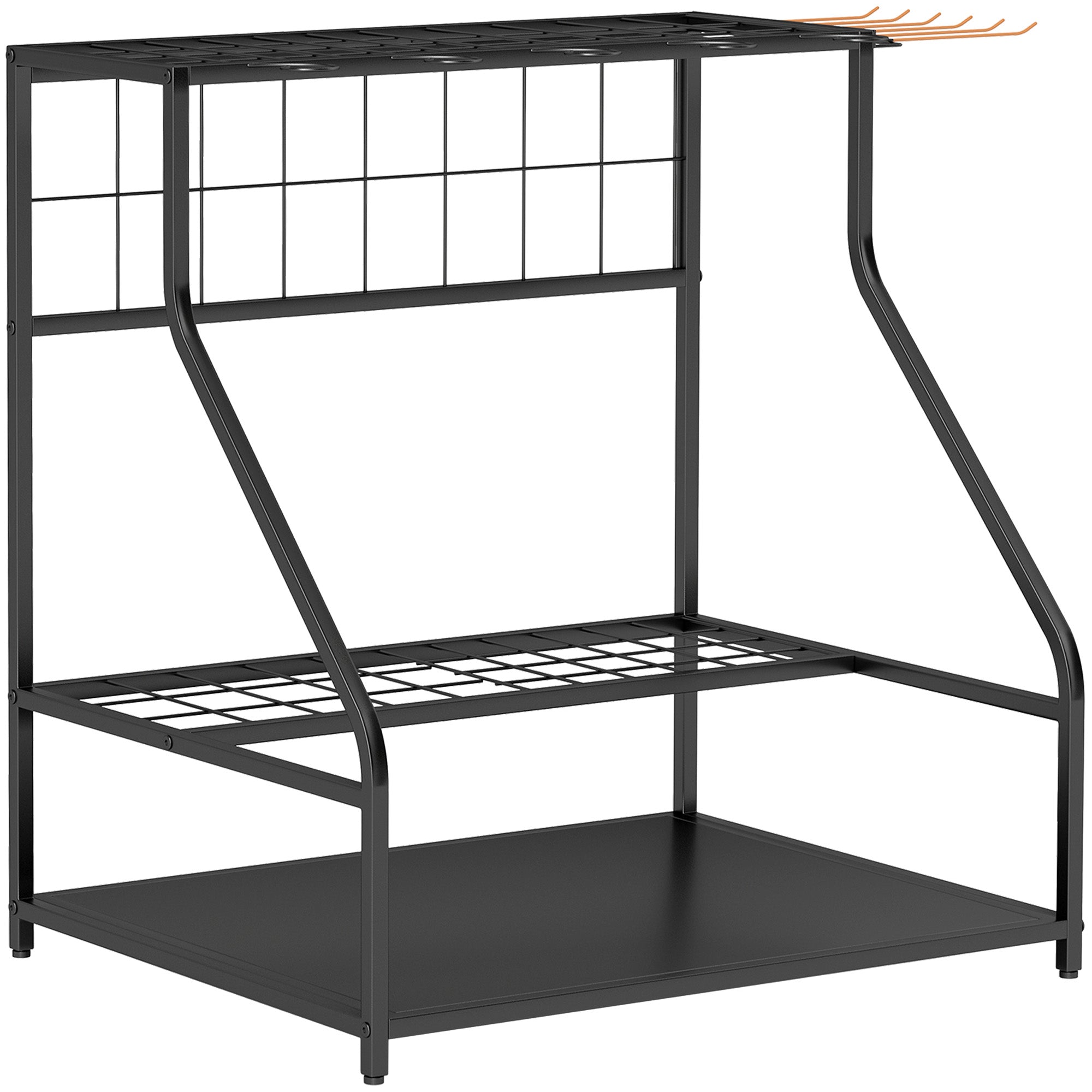 Garden Tool Organizer with Hooks, 3-Tier Garage Tool Holder, Garden Tool Stand for Pruners, Shovels, Rakes for Garden, Orange Garage
