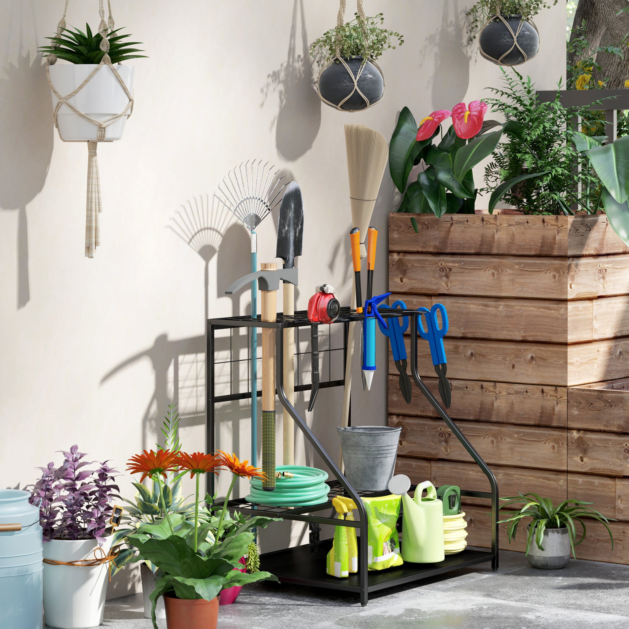 Garden Tool Organizer with Hooks, 3-Tier Garage Tool Holder, Garden Tool Stand for Pruners, Shovels, Rakes for Garden, Orange Garage