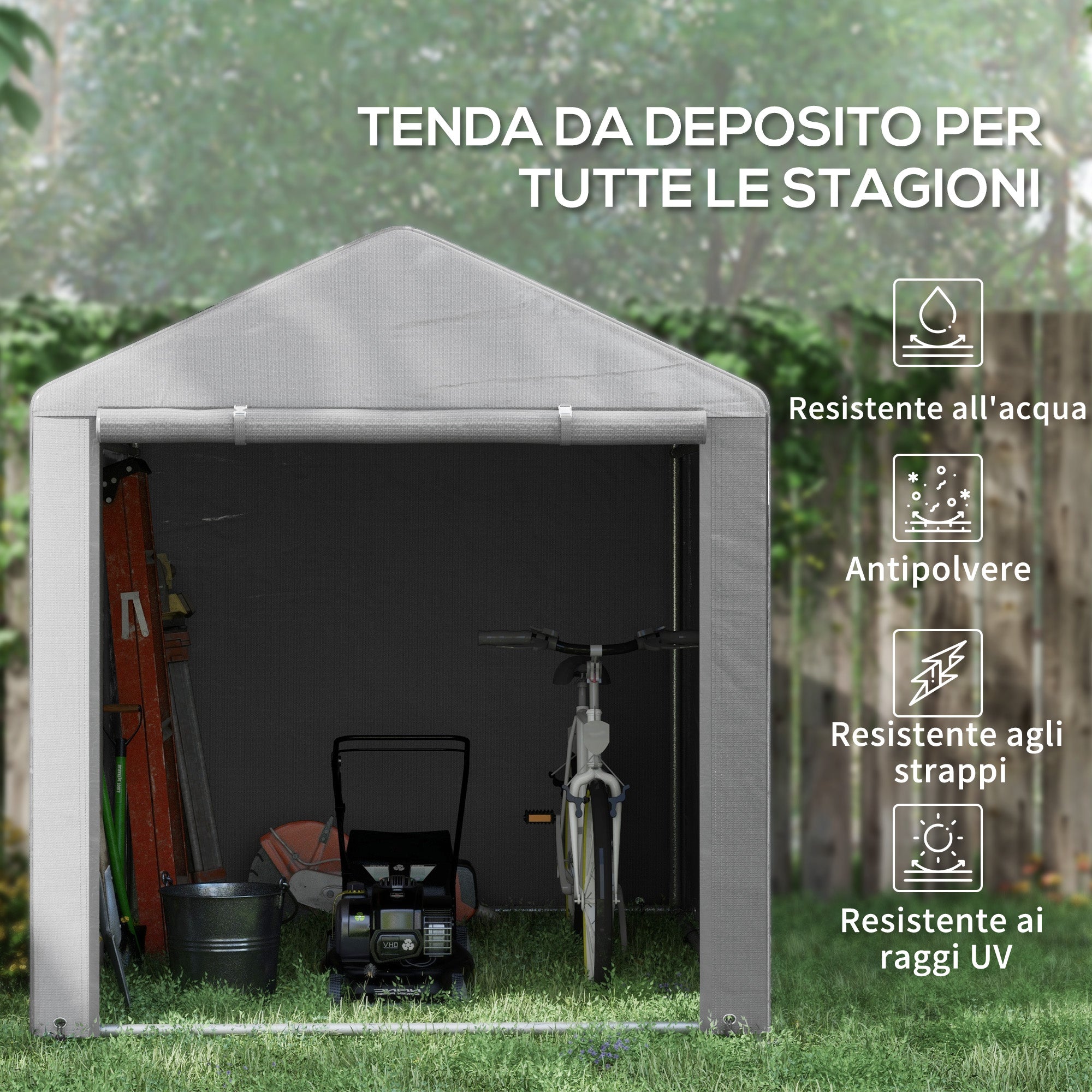Outdoor Motorcycle Garage Storage Shed with UV Protection and Zippered Entrance, Garage Tent for Bicycles and Tools in Galvanized Metal and PE Fabric, 160x218x172 cm, Light Gray