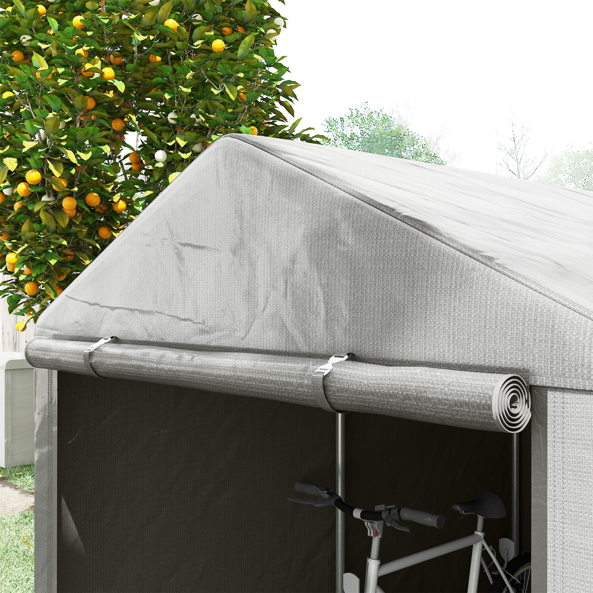 Outdoor Motorcycle Garage Storage Shed with UV Protection and Zippered Entrance, Garage Tent for Bicycles and Tools in Galvanized Metal and PE Fabric, 160x218x172 cm, Light Gray