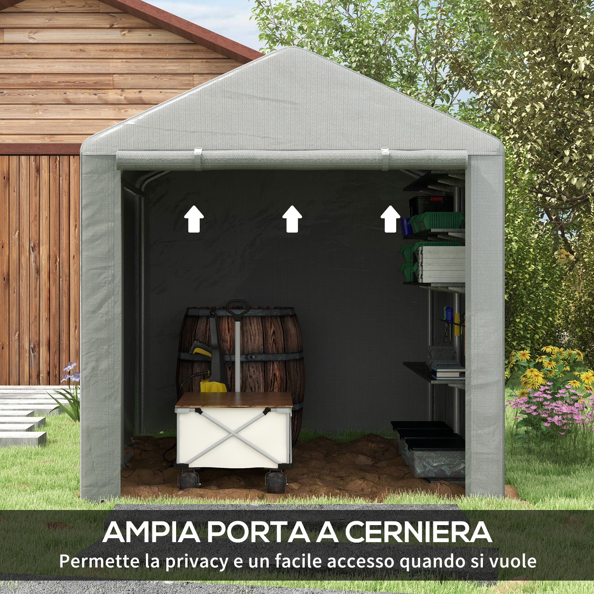 Outdoor Motorcycle Garage Storage Shed with UV Protection and Zippered Entrance, Garage Tent for Bicycles and Tools in Galvanized Metal and PE Fabric, 160x218x172 cm, Light Gray