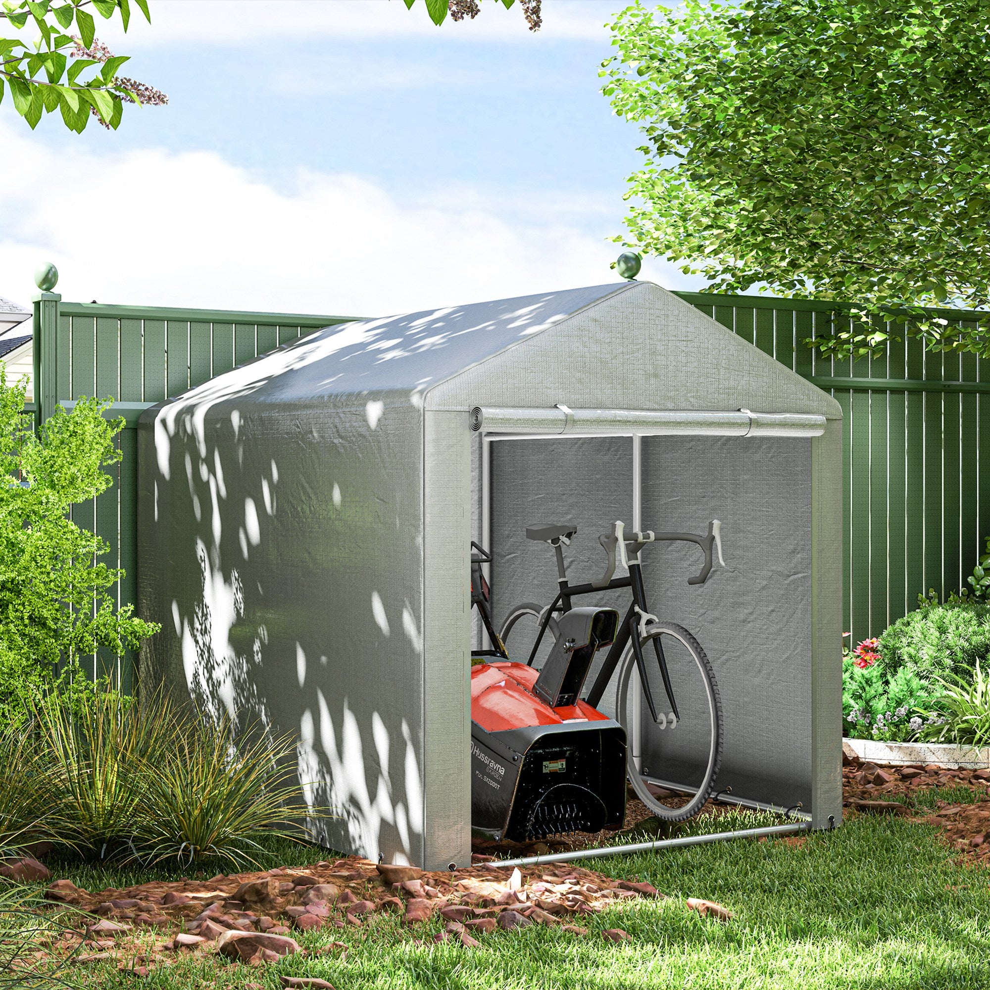 Outdoor Motorcycle Garage Storage Shed with UV Protection and Zippered Entrance, Garage Tent for Bicycles and Tools in Galvanized Metal and PE Fabric, 160x218x172 cm, Light Gray