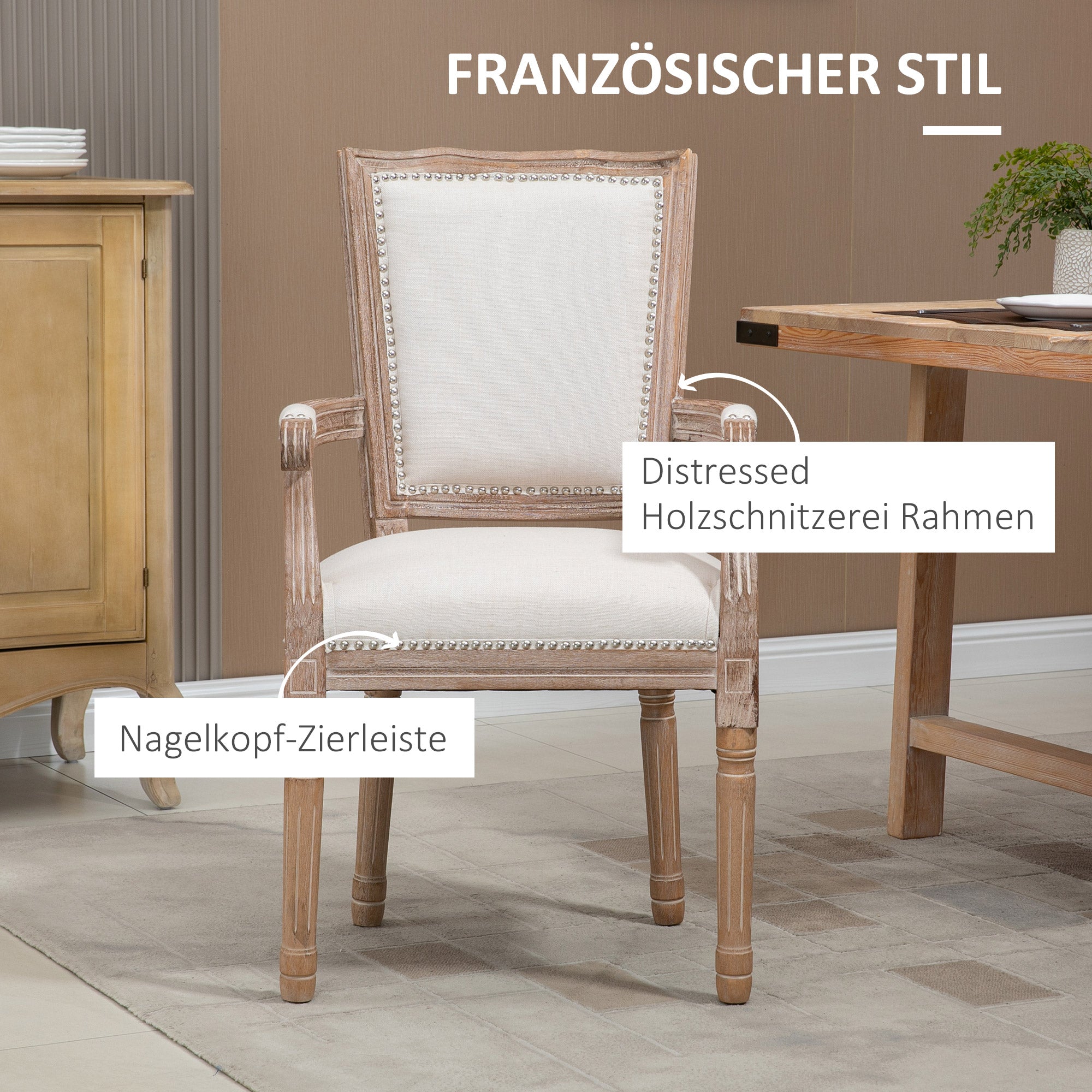 Dining Chair, Solid Wood Kitchen Chair, Padded Chair, Upholstered Chair with Linen Touch, Living Room Chair in Vintage Design, Cream White, 59 x 63.5 x 96 cm
