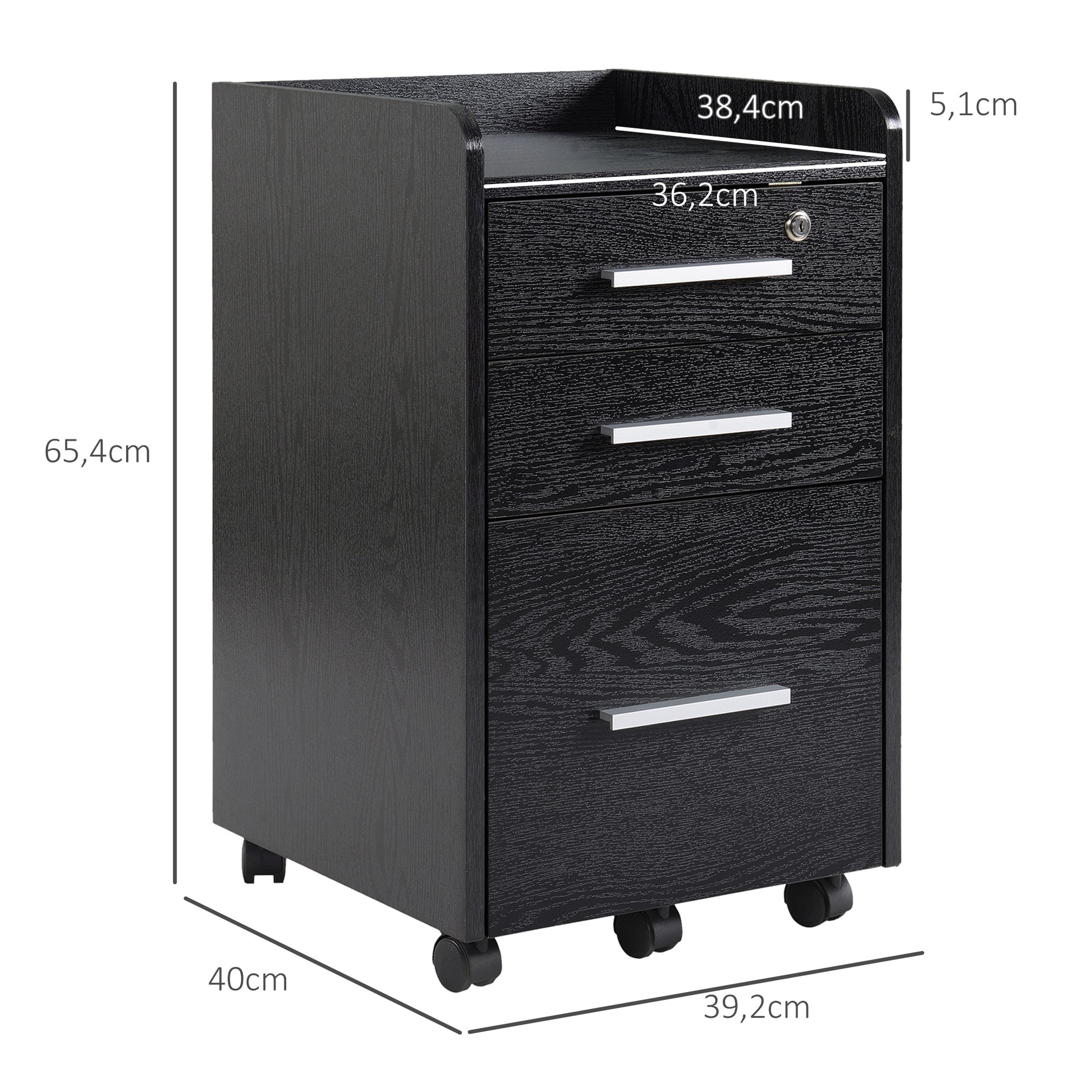 Black Wood Office Pedestal on Wheels with 3 Drawers 1 Lockable 1 File Sorter