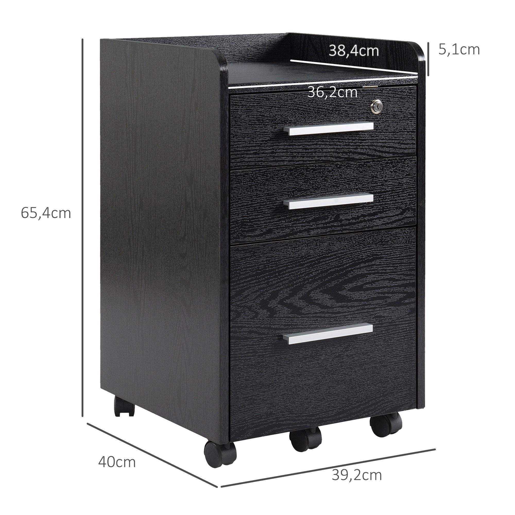 Black Wood Office Pedestal on Wheels with 3 Drawers 1 Lockable 1 File Sorter