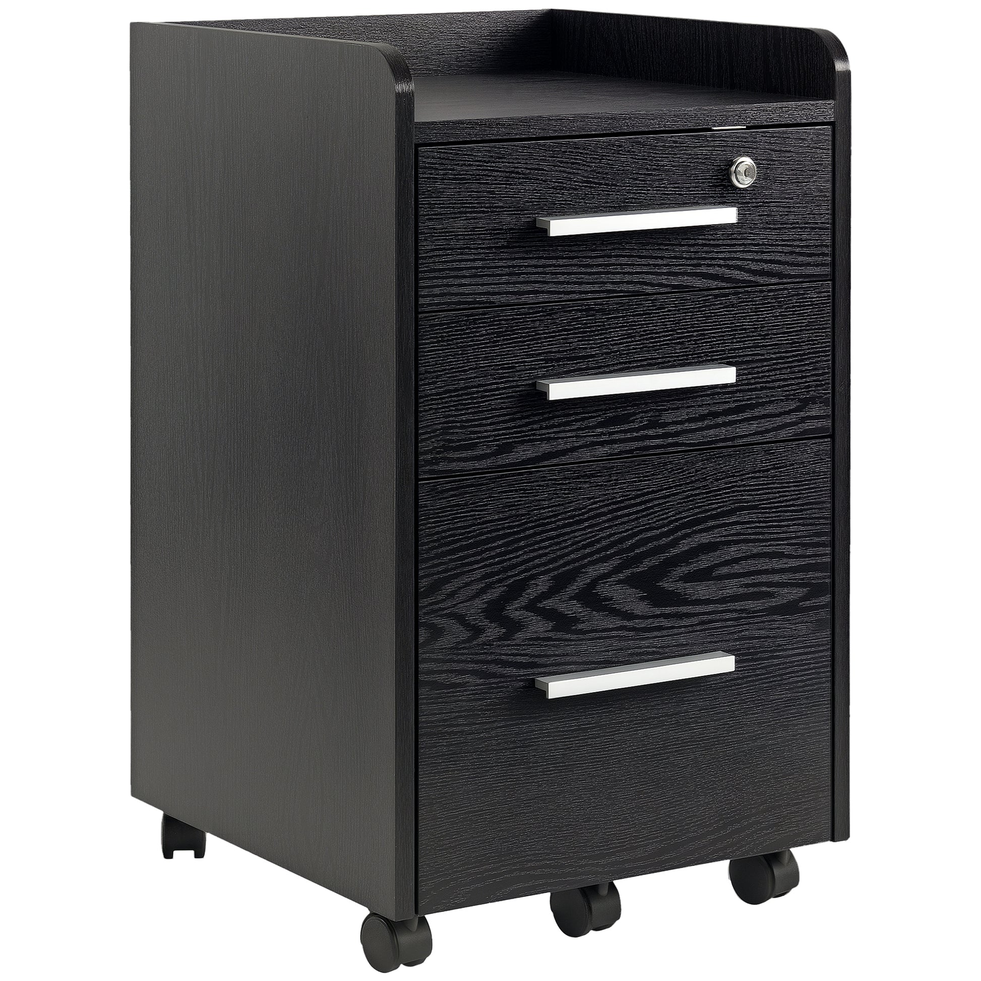 Black Wood Office Pedestal on Wheels with 3 Drawers 1 Lockable 1 File Sorter