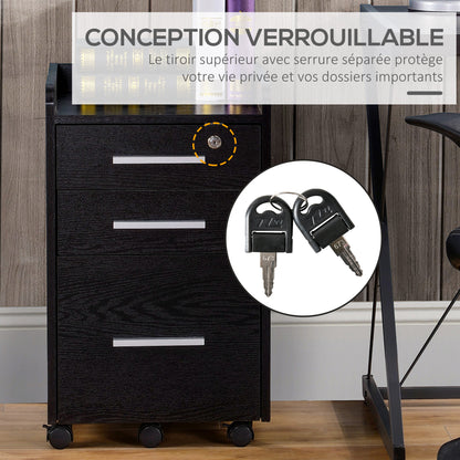 Black Wood Office Pedestal on Wheels with 3 Drawers 1 Lockable 1 File Sorter
