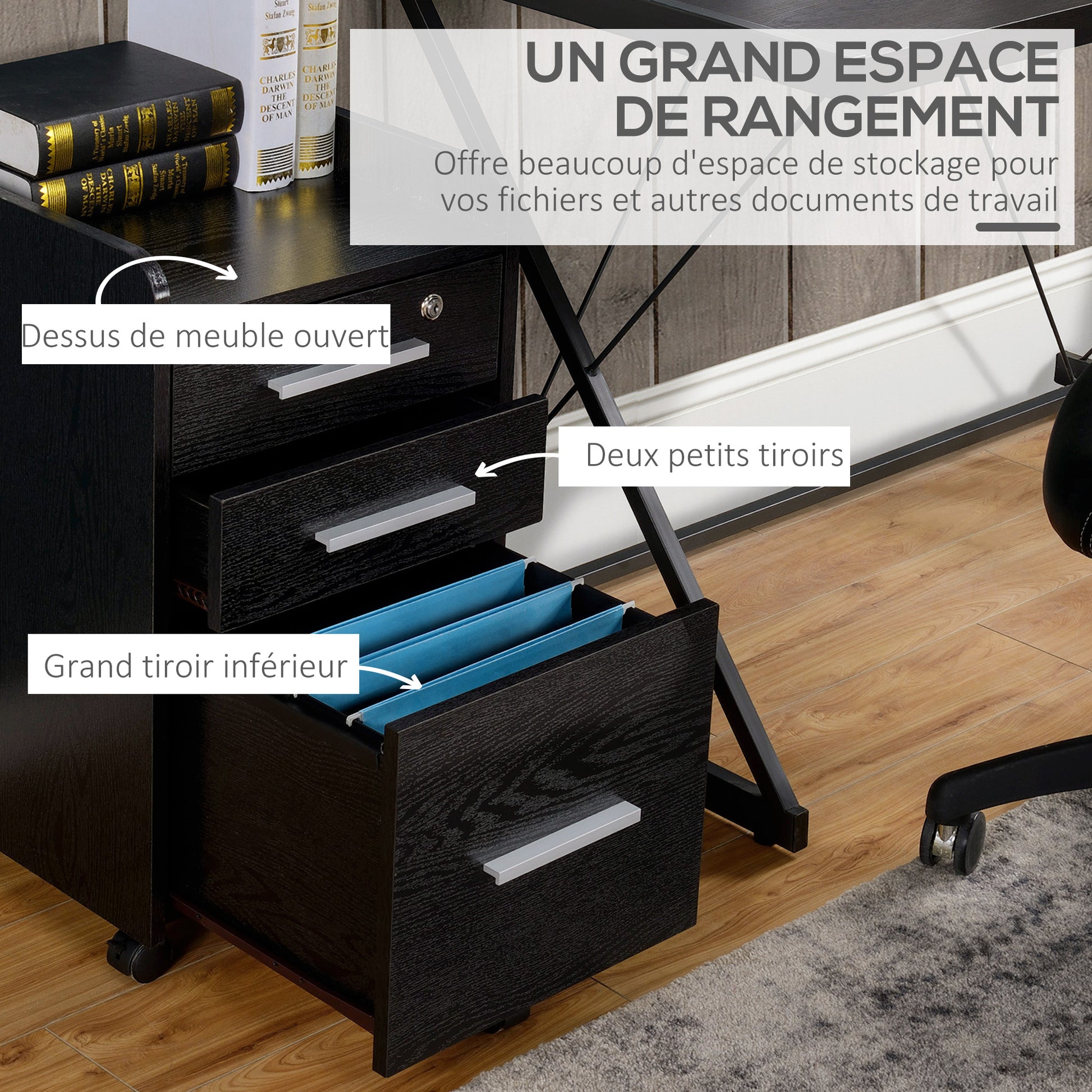 Black Wood Office Pedestal on Wheels with 3 Drawers 1 Lockable 1 File Sorter