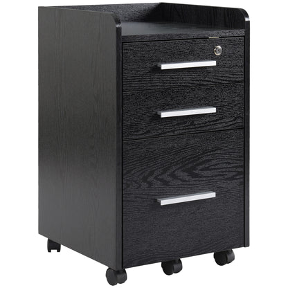 Black Wood Office Pedestal on Wheels with 3 Drawers 1 Lockable 1 File Sorter