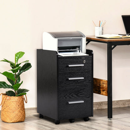 Black Wood Office Pedestal on Wheels with 3 Drawers 1 Lockable 1 File Sorter
