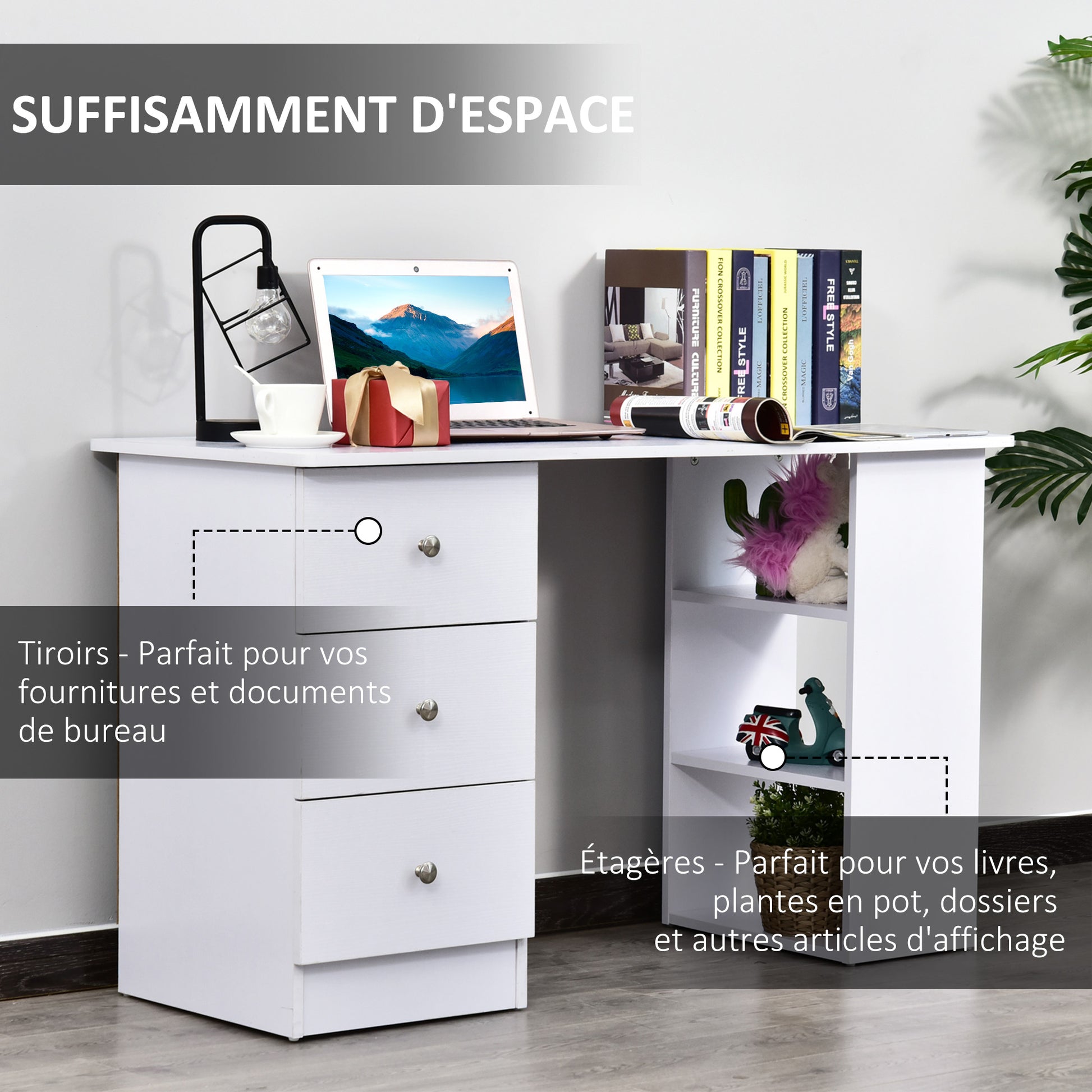 Multimedia Computer Desk with Multiple Storage Spaces 3 Drawers 2 Shelves 120L x 49W x 72H cm White