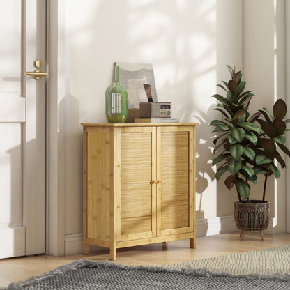 Boho Style Rattan and Bamboo Credenza, 2-Door Cabinet with Internal Shelf, 60x27x67.5cm, Natural Color