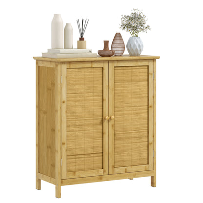 Boho Style Rattan and Bamboo Credenza, 2-Door Cabinet with Internal Shelf, 60x27x67.5cm, Natural Color