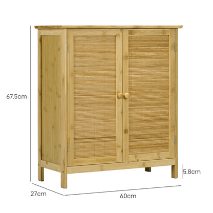 Boho Style Rattan and Bamboo Credenza, 2-Door Cabinet with Internal Shelf, 60x27x67.5cm, Natural Color