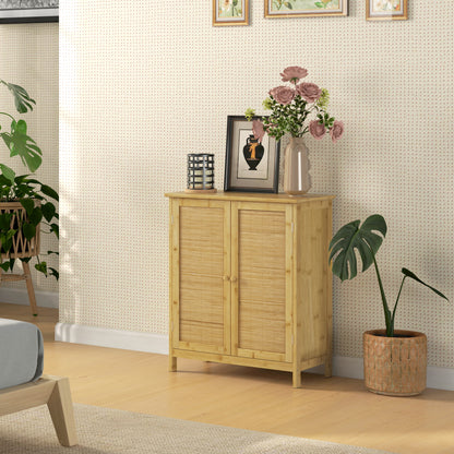 Boho Style Rattan and Bamboo Credenza, 2-Door Cabinet with Internal Shelf, 60x27x67.5cm, Natural Color