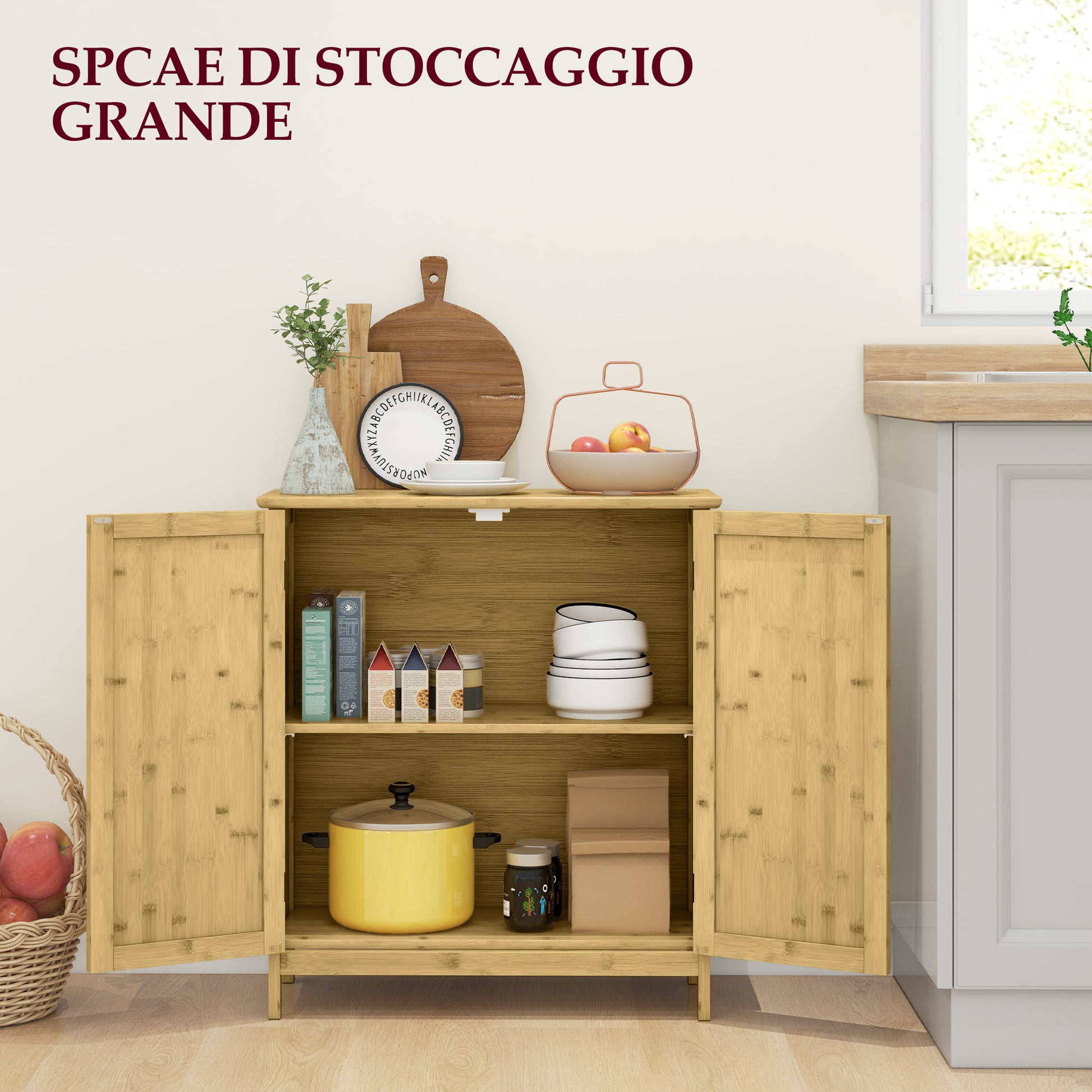 Boho Style Rattan and Bamboo Credenza, 2-Door Cabinet with Internal Shelf, 60x27x67.5cm, Natural Color