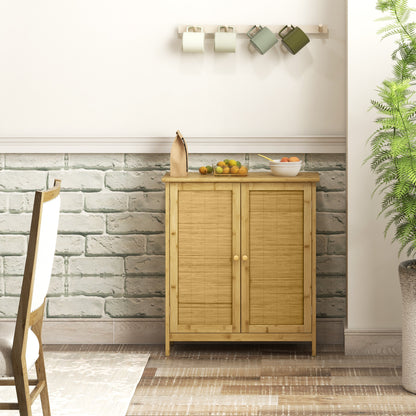 Boho Style Rattan and Bamboo Credenza, 2-Door Cabinet with Internal Shelf, 60x27x67.5cm, Natural Color