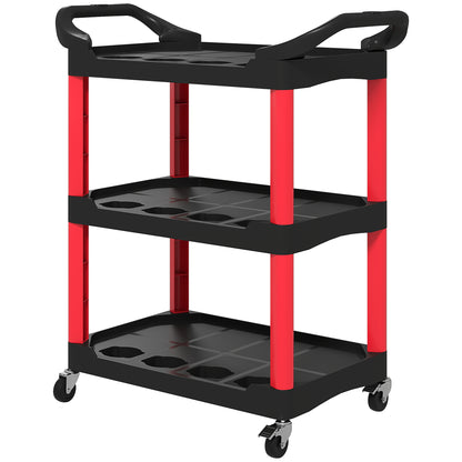 Workshop Rolling Cart with 3 Shelves, Tool Cart with Handle, Hook Holes for Tool Assembly Cart for Garage, Warehouse, max. 91 kg Load Capacity, Red+Black