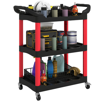 Workshop Rolling Cart with 3 Shelves, Tool Cart with Handle, Hook Holes for Tool Assembly Cart for Garage, Warehouse, max. 91 kg Load Capacity, Red+Black