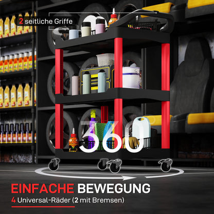 Workshop Rolling Cart with 3 Shelves, Tool Cart with Handle, Hook Holes for Tool Assembly Cart for Garage, Warehouse, max. 91 kg Load Capacity, Red+Black