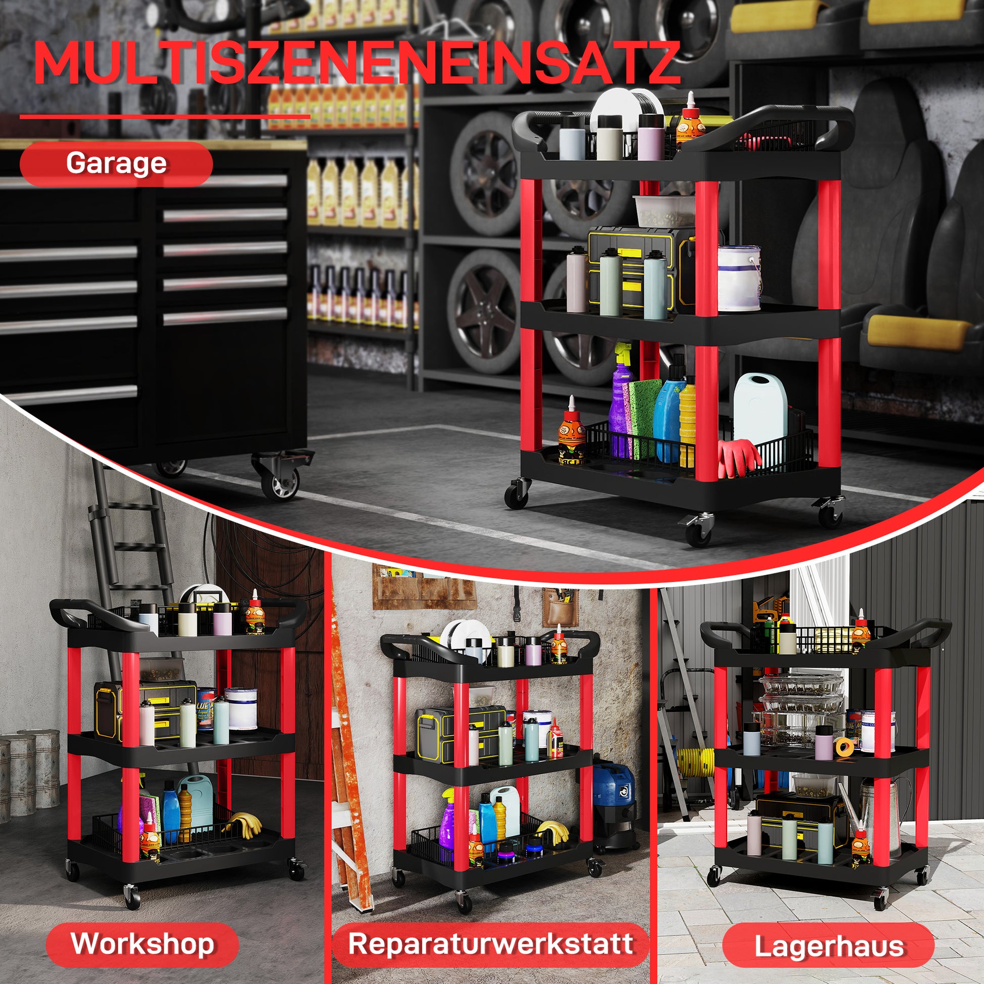 Workshop Rolling Cart with 3 Shelves, Tool Cart with Handle, Hook Holes for Tool Assembly Cart for Garage, Warehouse, max. 91 kg Load Capacity, Red+Black