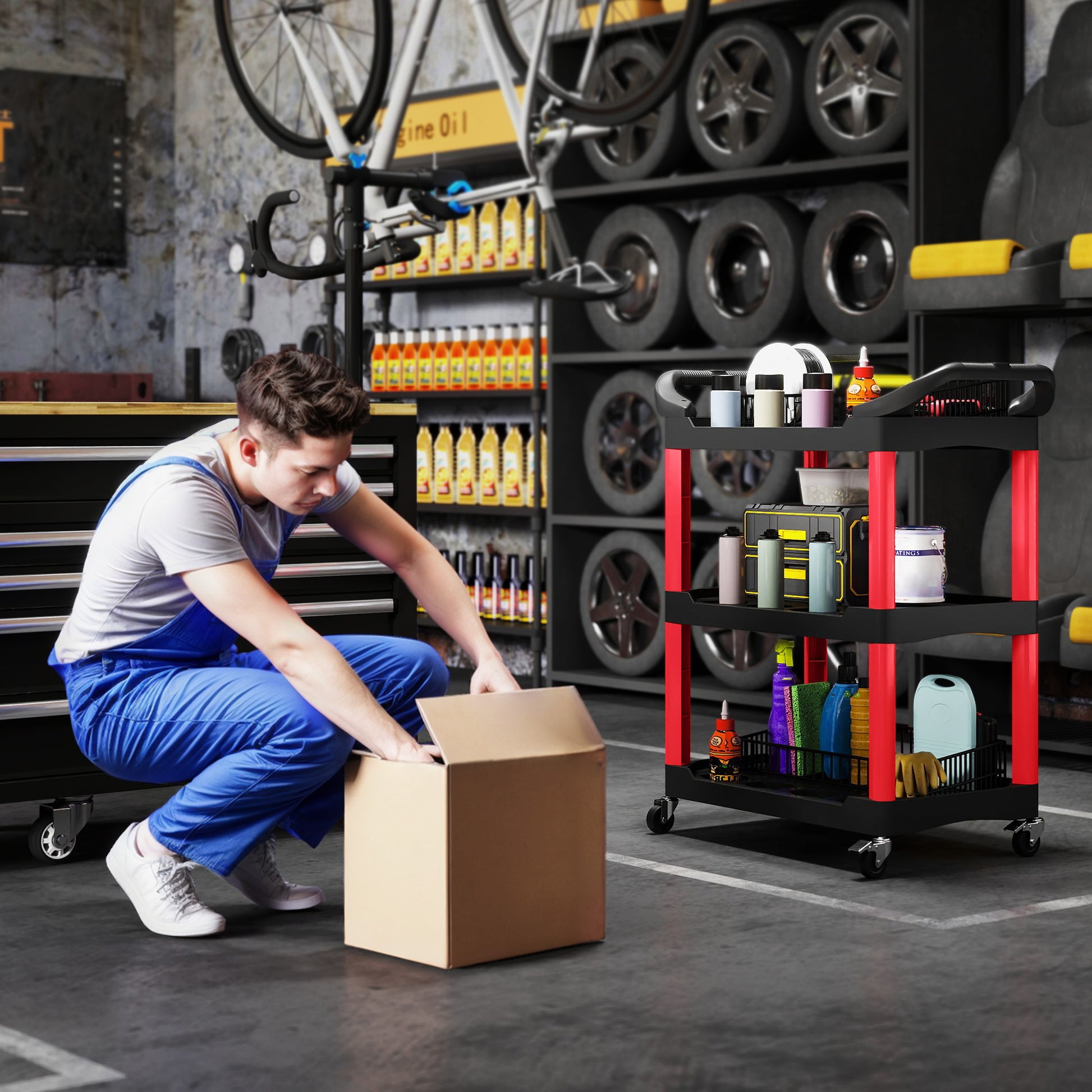 Workshop Rolling Cart with 3 Shelves, Tool Cart with Handle, Hook Holes for Tool Assembly Cart for Garage, Warehouse, max. 91 kg Load Capacity, Red+Black
