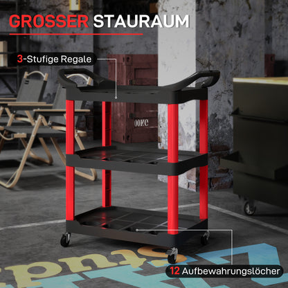 Workshop Rolling Cart with 3 Shelves, Tool Cart with Handle, Hook Holes for Tool Assembly Cart for Garage, Warehouse, max. 91 kg Load Capacity, Red+Black