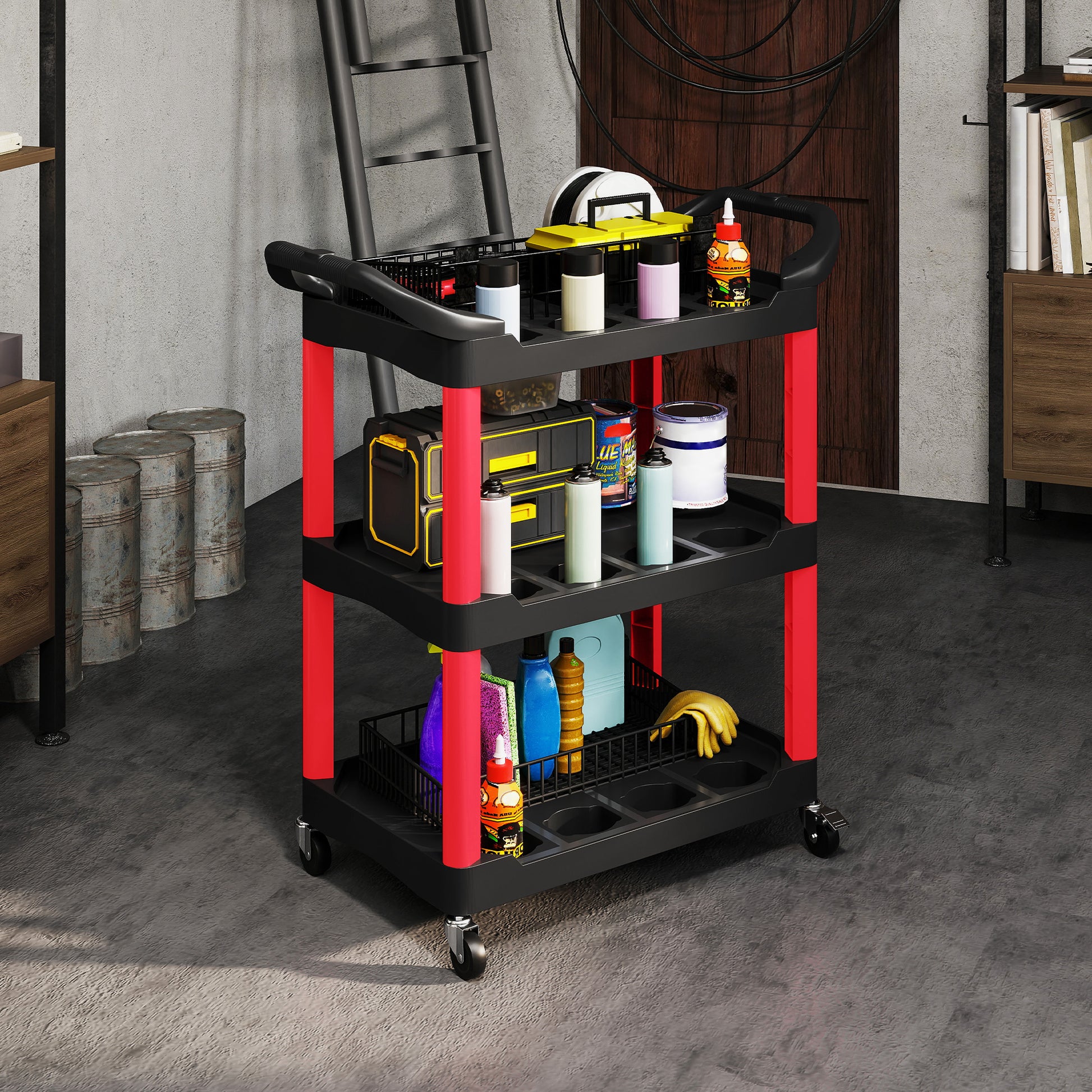 Workshop Rolling Cart with 3 Shelves, Tool Cart with Handle, Hook Holes for Tool Assembly Cart for Garage, Warehouse, max. 91 kg Load Capacity, Red+Black
