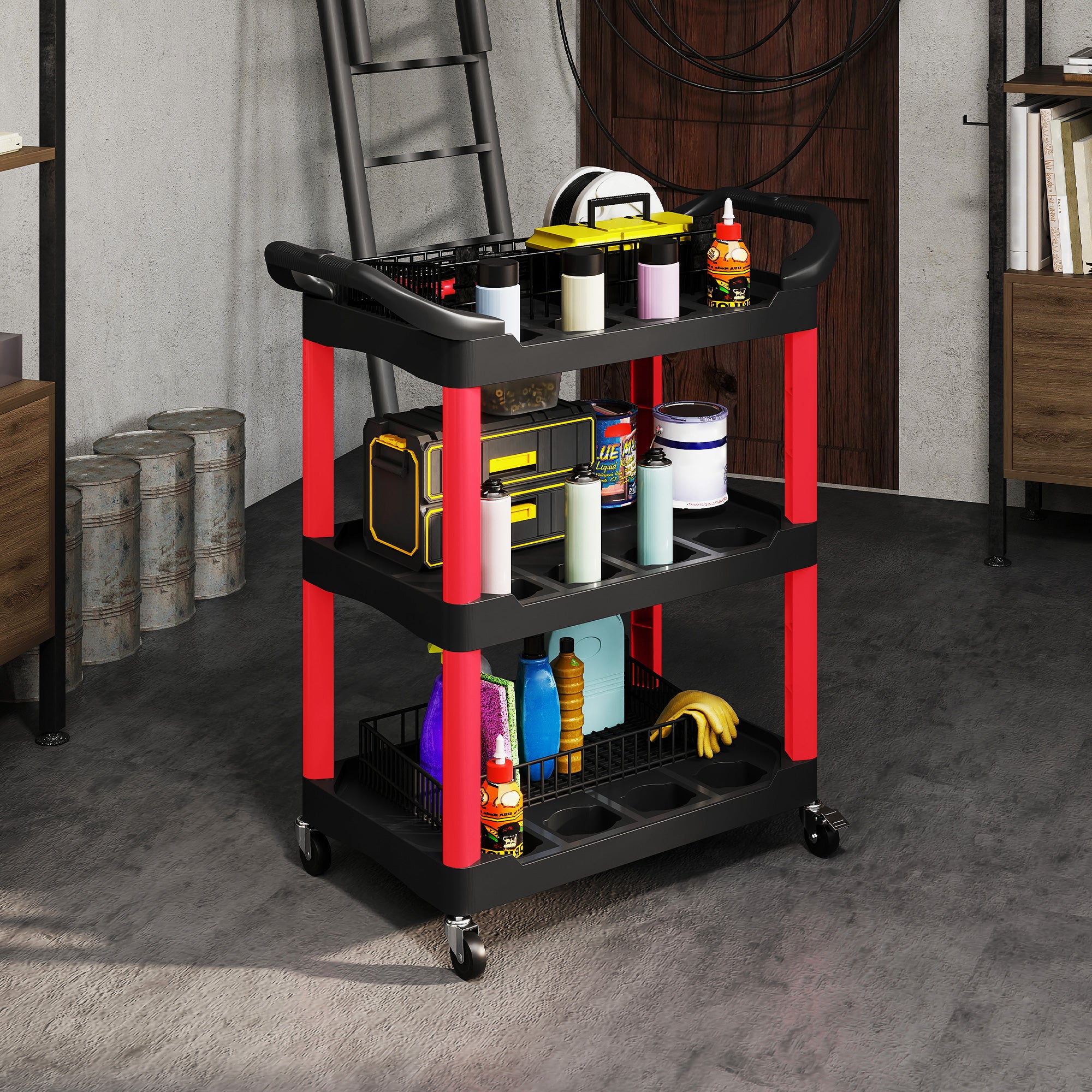 Workshop Rolling Cart with 3 Shelves, Tool Cart with Handle, Hook Holes for Tool Assembly Cart for Garage, Warehouse, max. 91 kg Load Capacity, Red+Black