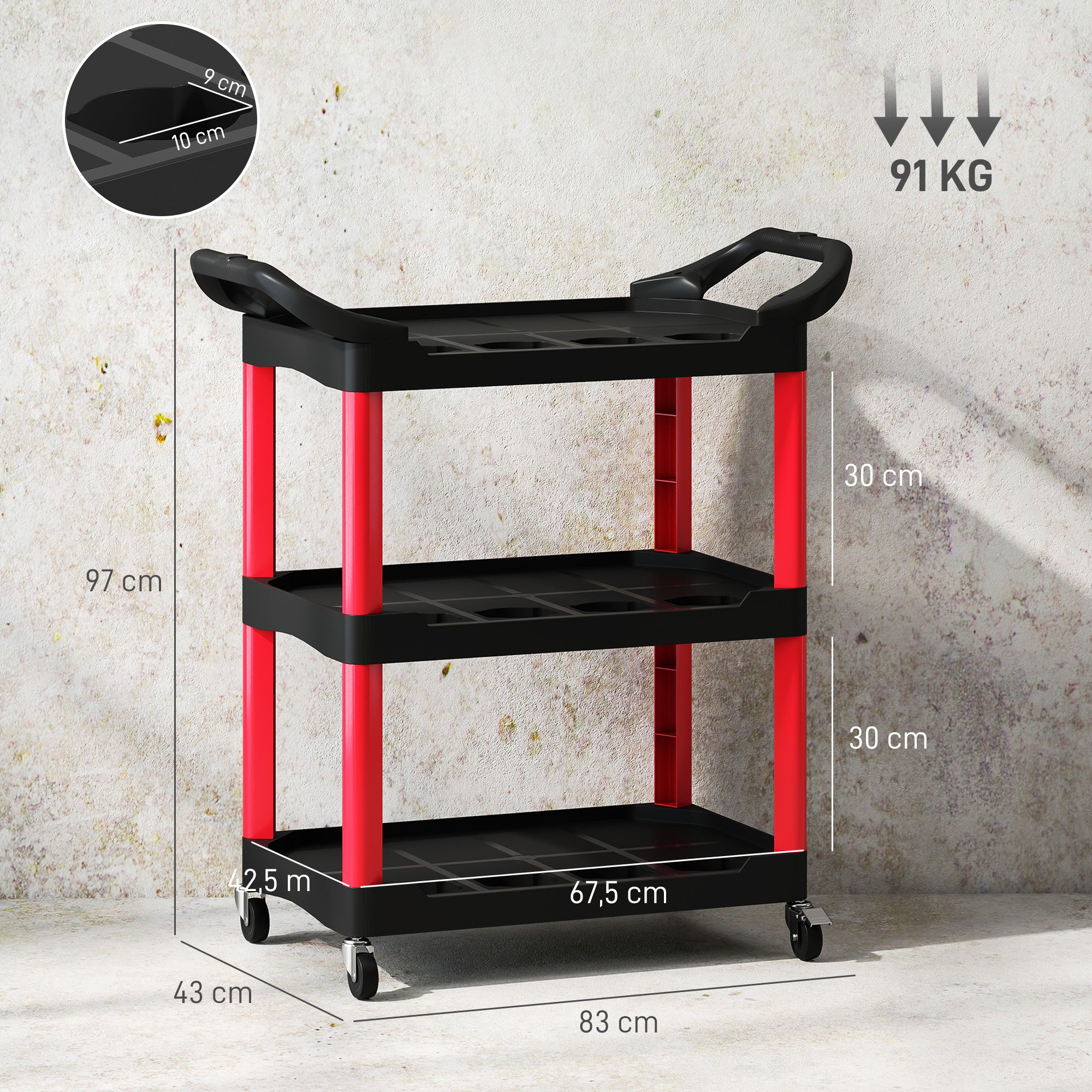 Workshop Rolling Cart with 3 Shelves, Tool Cart with Handle, Hook Holes for Tool Assembly Cart for Garage, Warehouse, max. 91 kg Load Capacity, Red+Black