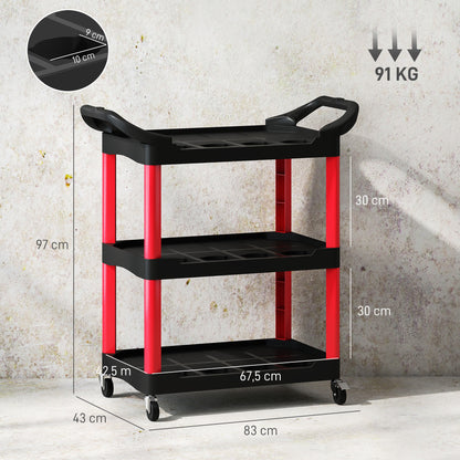 Workshop Rolling Cart with 3 Shelves, Tool Cart with Handle, Hook Holes for Tool Assembly Cart for Garage, Warehouse, max. 91 kg Load Capacity, Red+Black