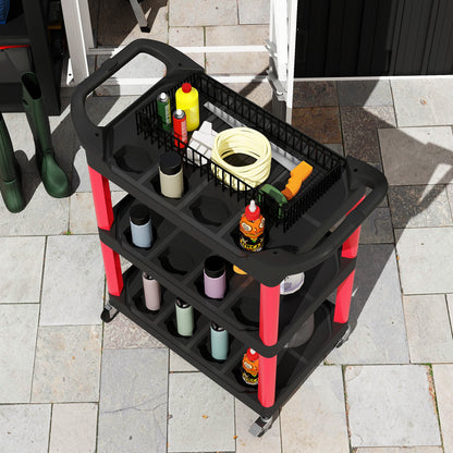 Workshop Rolling Cart with 3 Shelves, Tool Cart with Handle, Hook Holes for Tool Assembly Cart for Garage, Warehouse, max. 91 kg Load Capacity, Red+Black